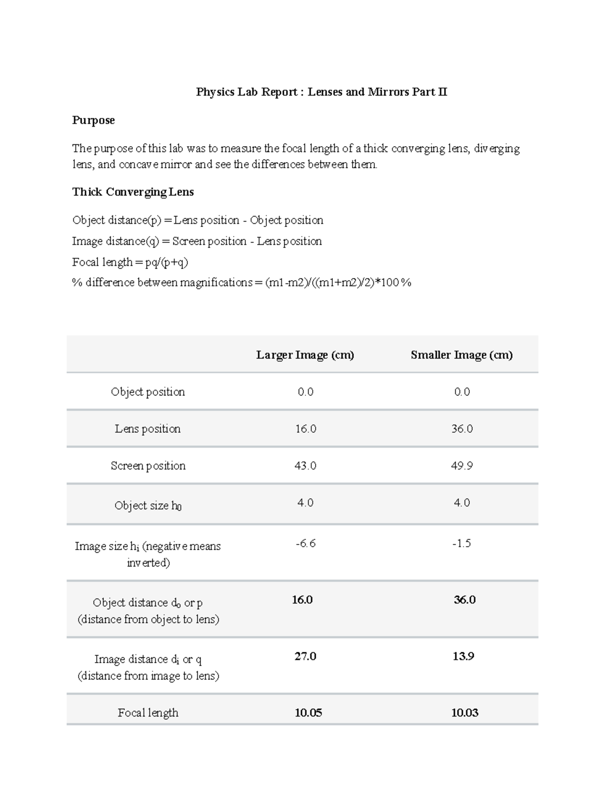 Lenses and Mirrors Part II Lab report Physics Lab Report Lenses and Mirrors Part II Purpose