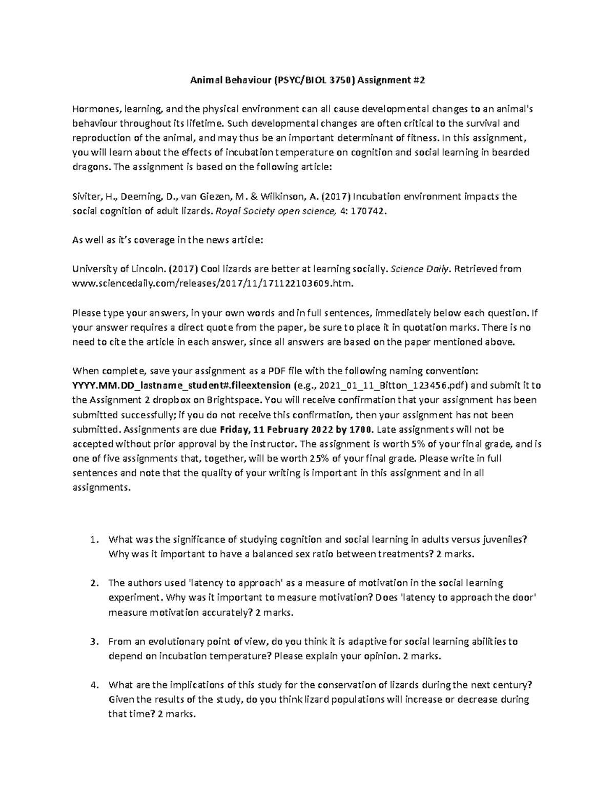 Anim Bhv Assignment 2 - Animal Behaviour (PSYC/BIOL 3750) Assignment ...