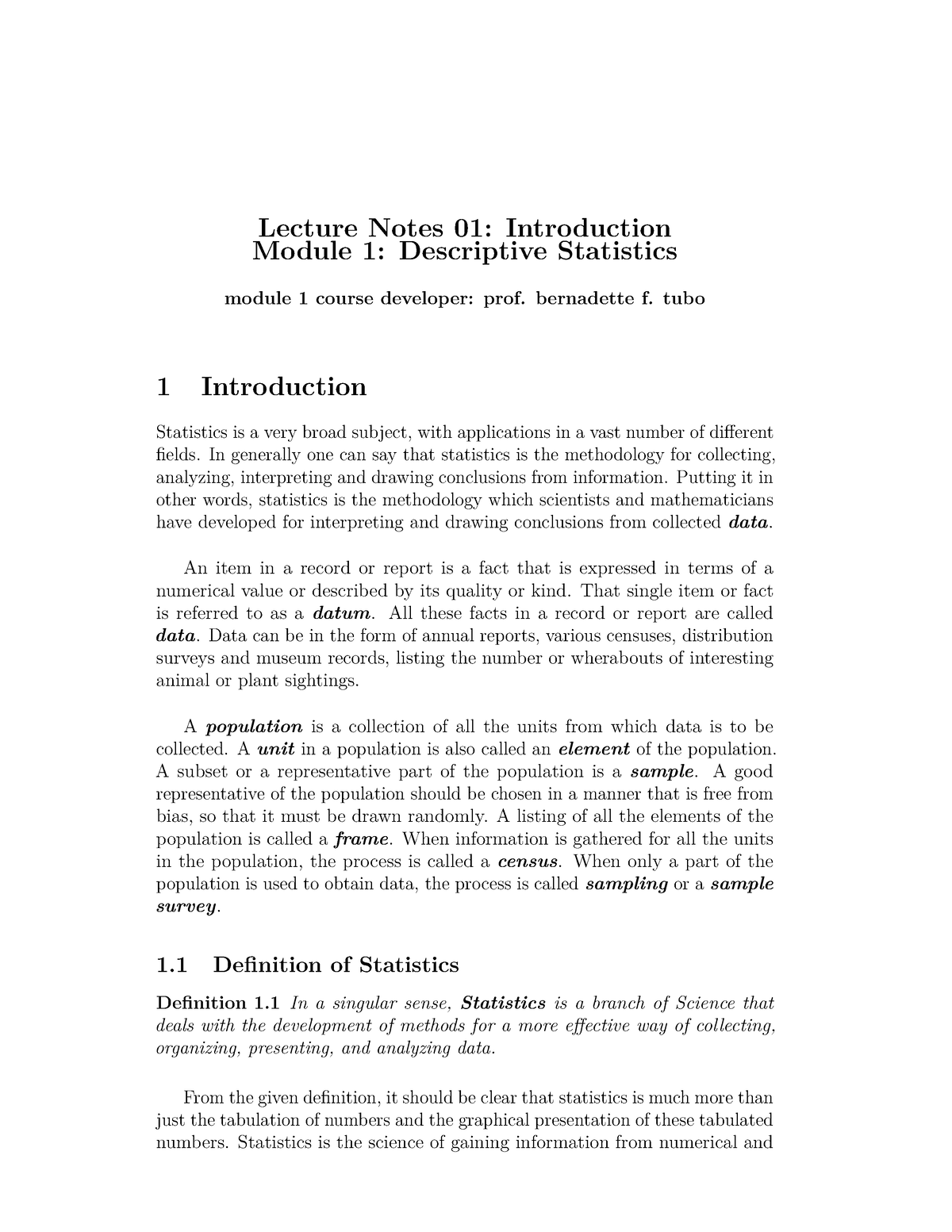 LNotes 01 - Introduction:Descriptive Statistics - Lecture Notes 01 ...