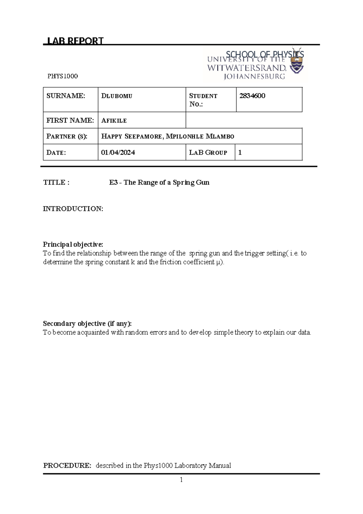 EXP03 - Spring Gun - Lab Report Template - LAB REPORT SCHOOL OF PHYSICS ...