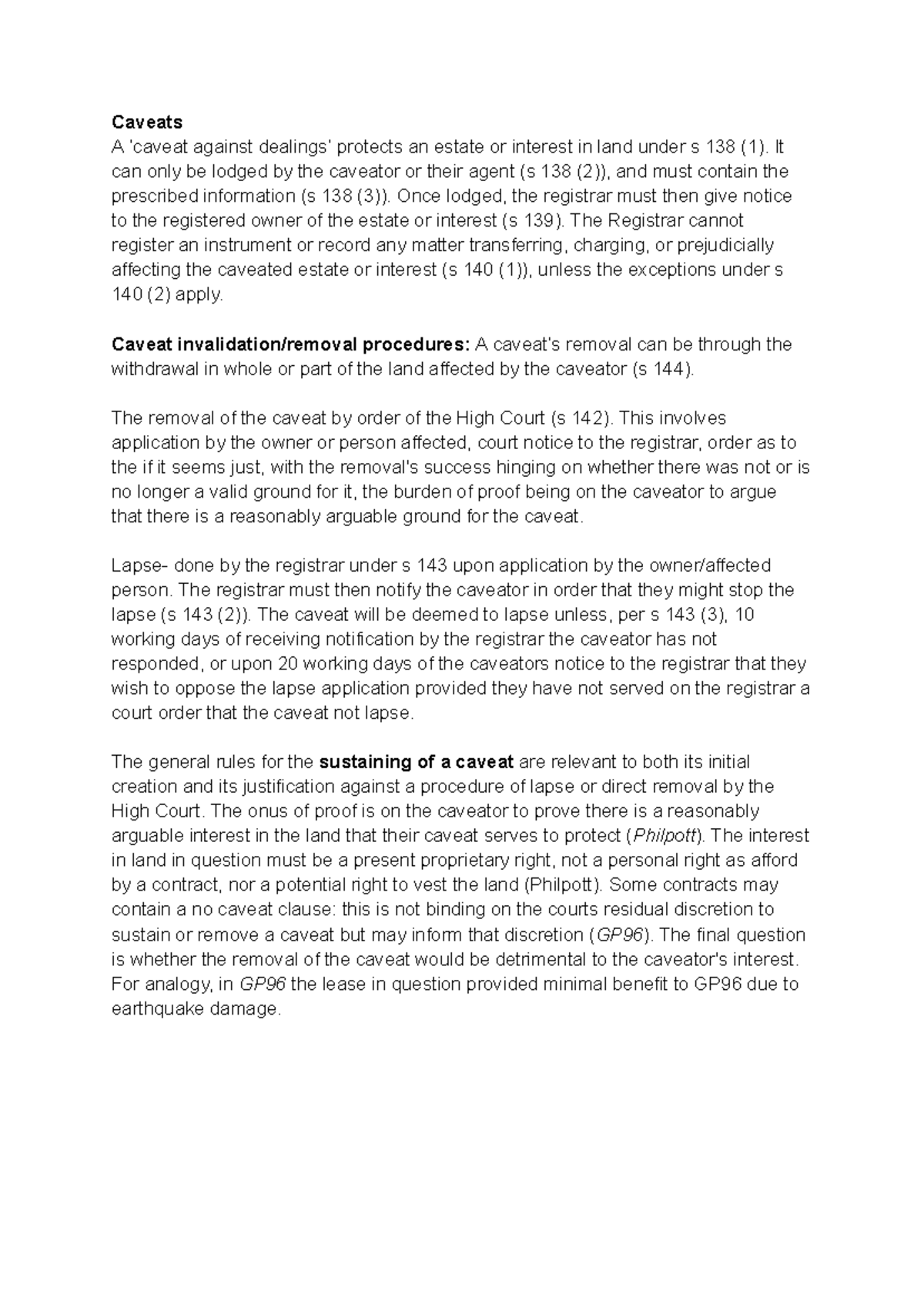 Caveats XOX - Summary Property Law - Caveats A ‘caveat against dealings ...
