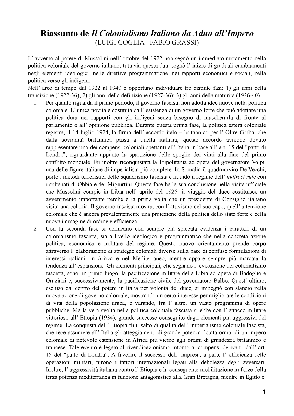 Riassunto Goglia - Il Colonialismo Italiano Da Adua All’Impero ...