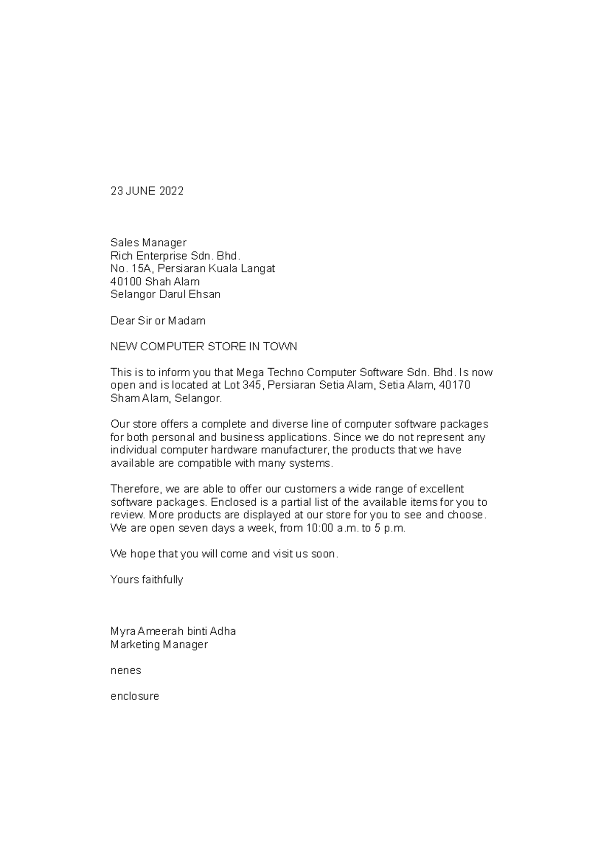 Business Letter JOB 3 - 23 JUNE 2022 Sales Manager Rich Enterprise Sdn ...