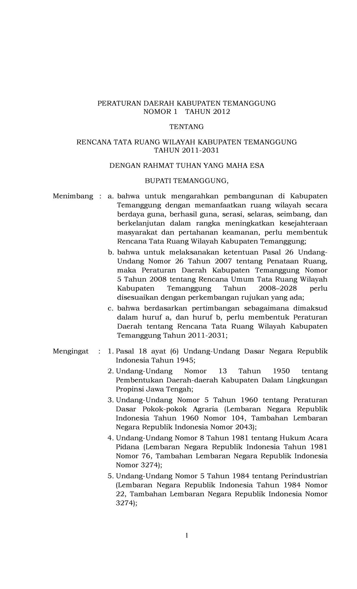 Rencana Tata Ruang Wilayah Temanggung - PERATURAN DAERAH KABUPATEN ...