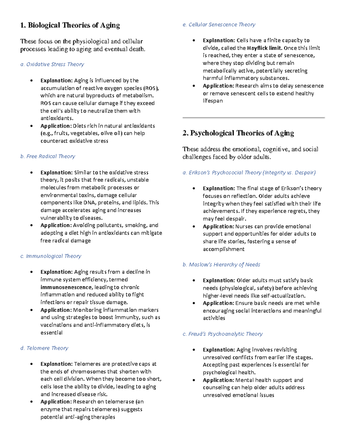 Summary FOR ALL THE Theories - 1. Biological Theories of Aging These ...