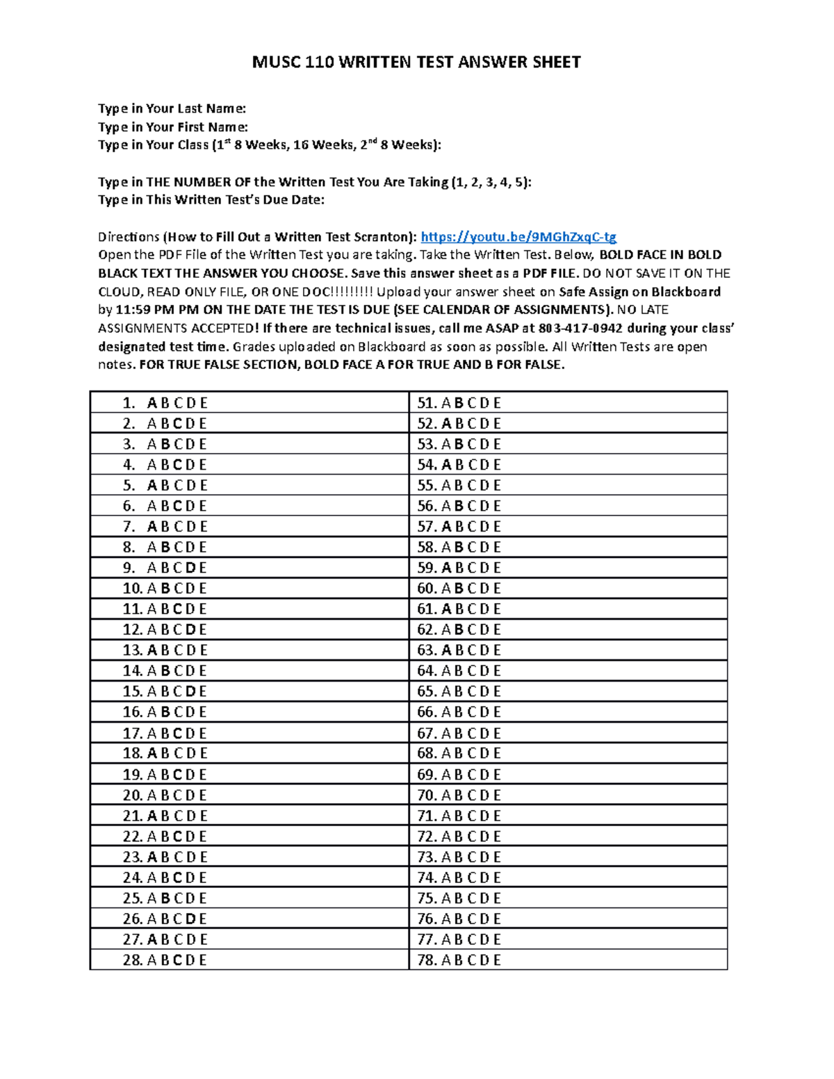 MUSC 110 Online Scantron For Written Tests (12) - MUSC 110 WRITTEN TEST ...