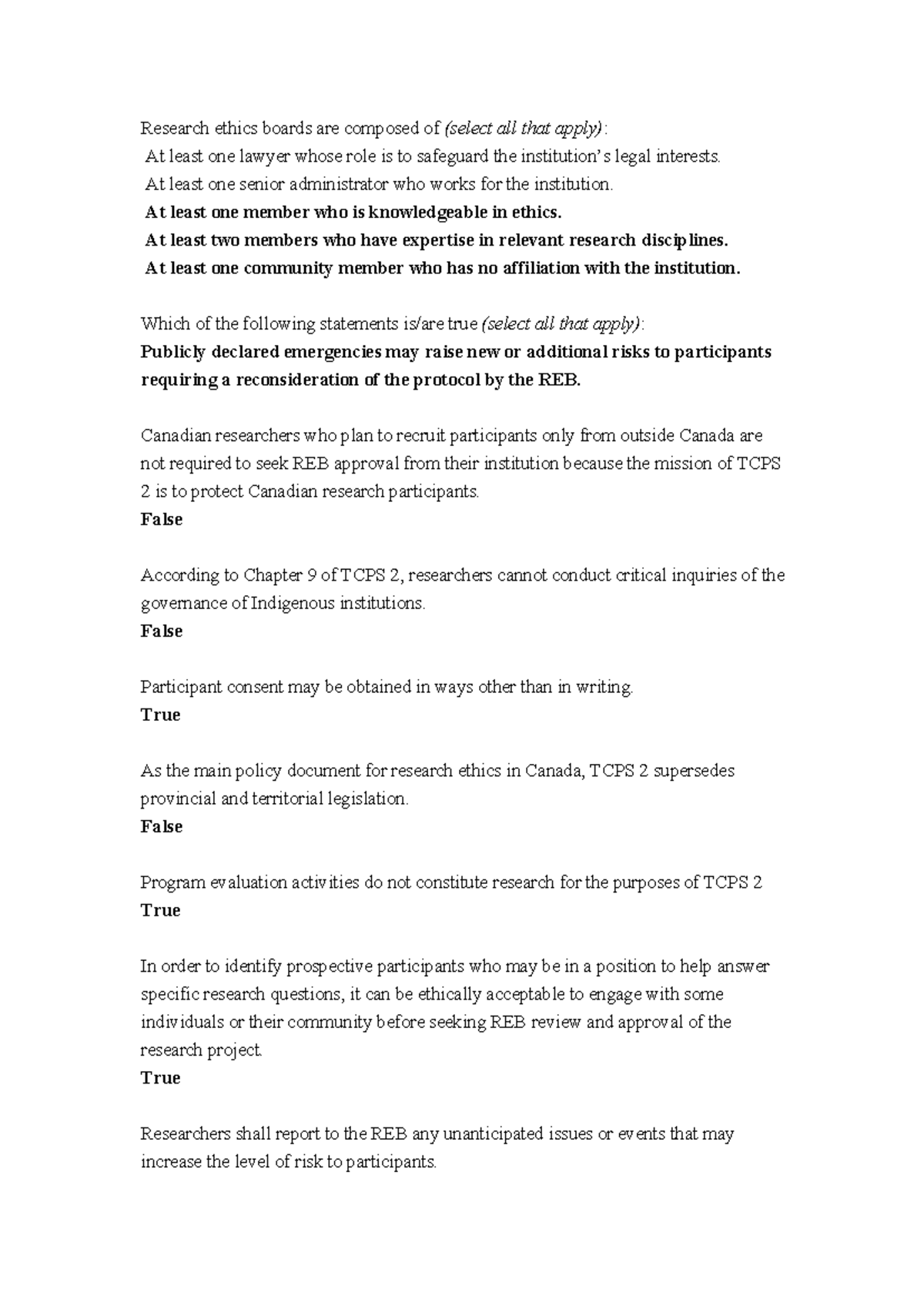 TCPS 2 KCE answer key - Research ethics boards are composed of (select ...