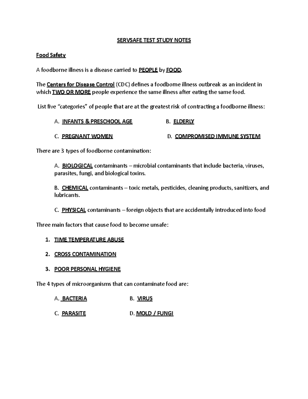 Servsafe TEST Study Notes KEY - SERVSAFE TEST STUDY NOTES Food Safety A ...