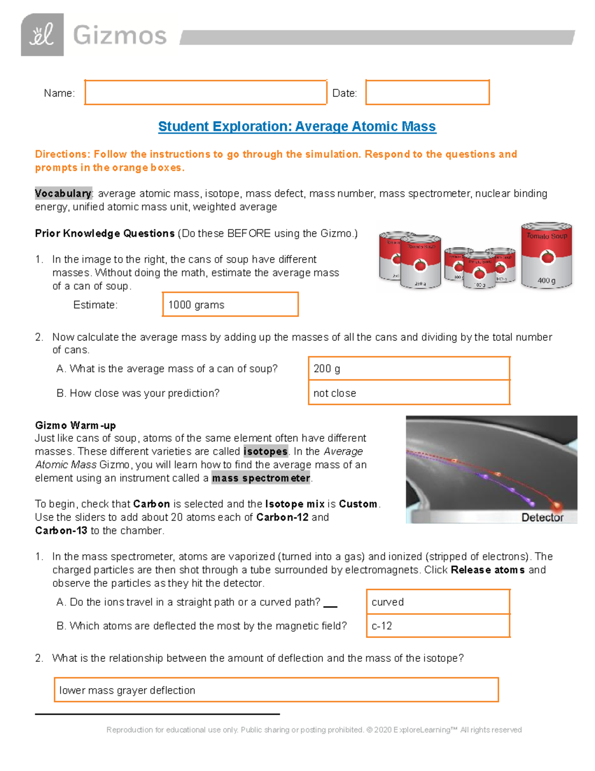 Average Atomic Mass - Student Gizmo - Name: Date: Student Exploration ...