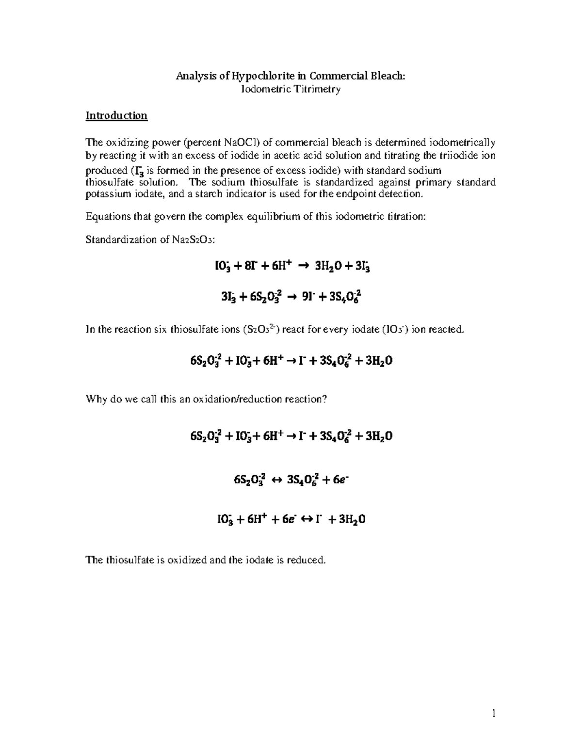 Bleach Analysis laboratory report Analysis of Hypochlorite in