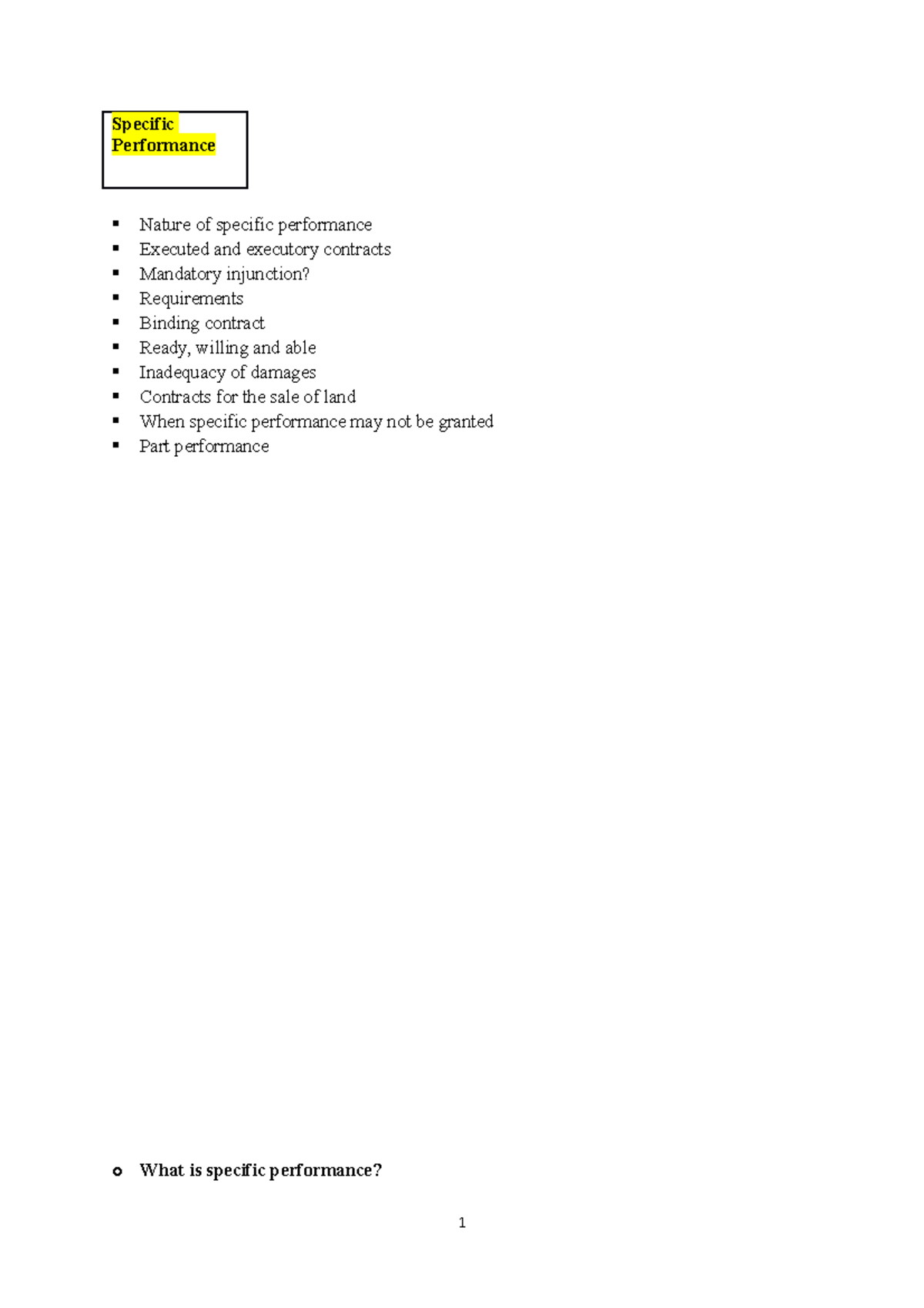 Specific Performance - HD NOTES - Specific Performance Nature of ...