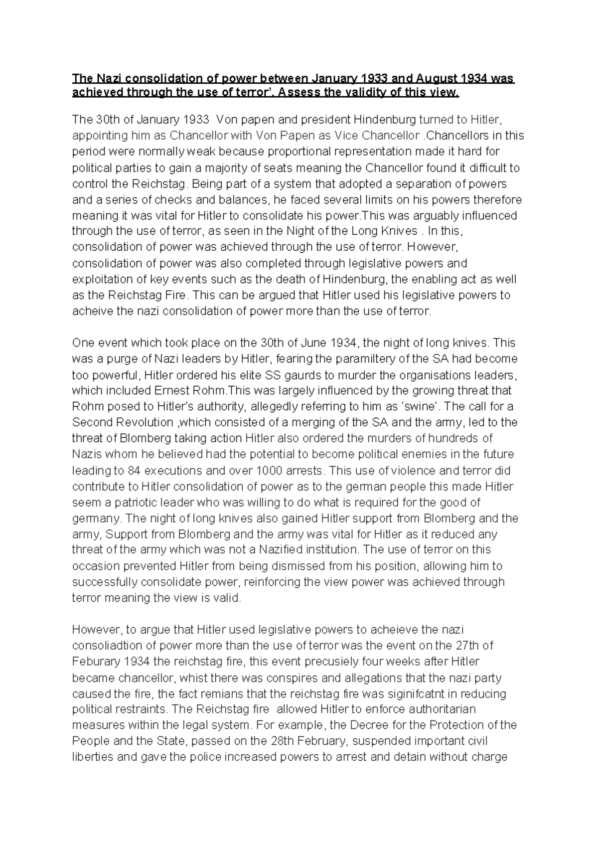 History essay Grade A The Nazi consolidation of power between January 1933 and August 1934