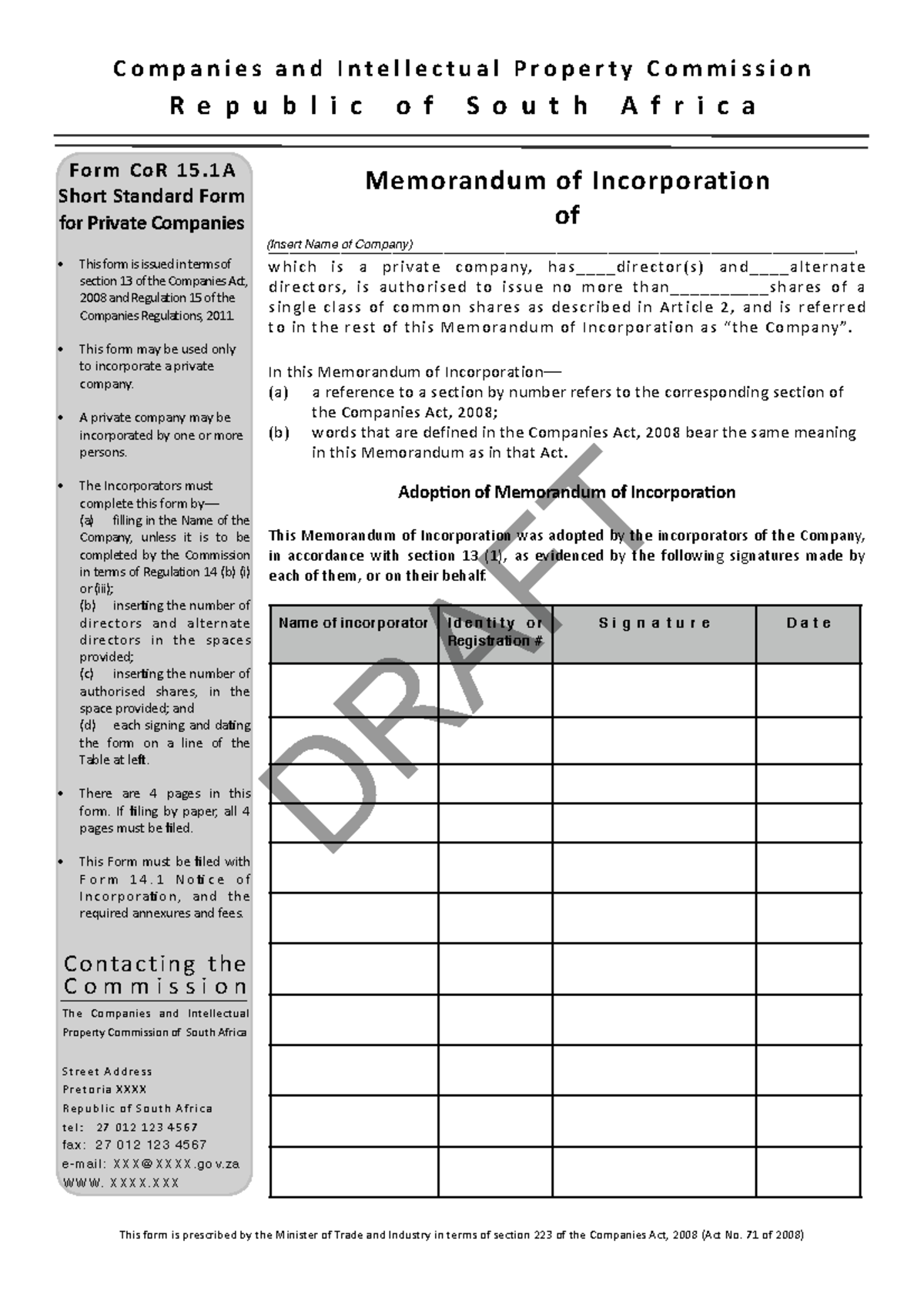 Memorandum OF Incorporation This Form Is Prescribed By The Minister   Thumb 1200 1698 