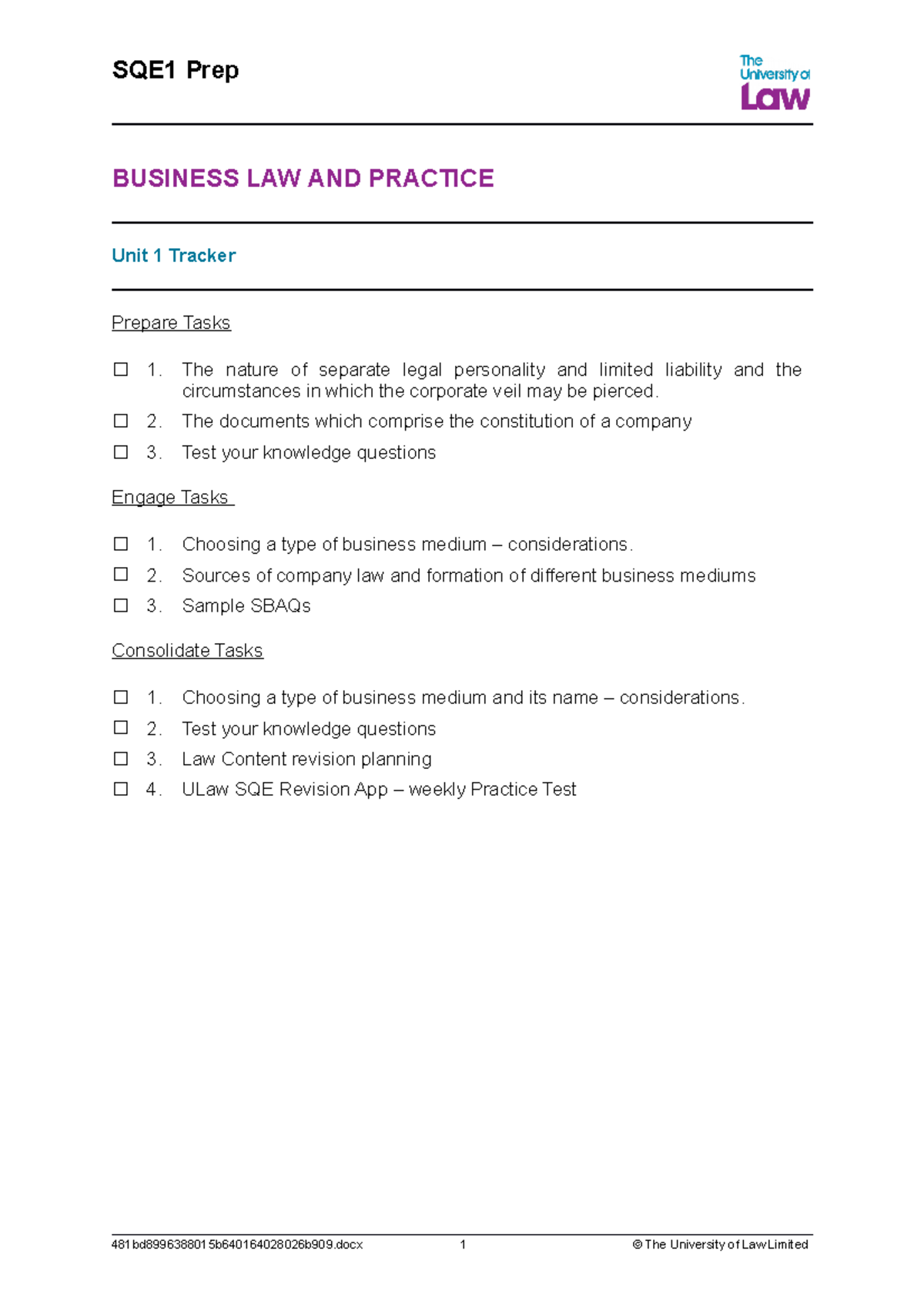 Unit 1 Tracker - SQE1 Prep BUSINESS LAW AND PRACTICE Unit 1 Tracker ...