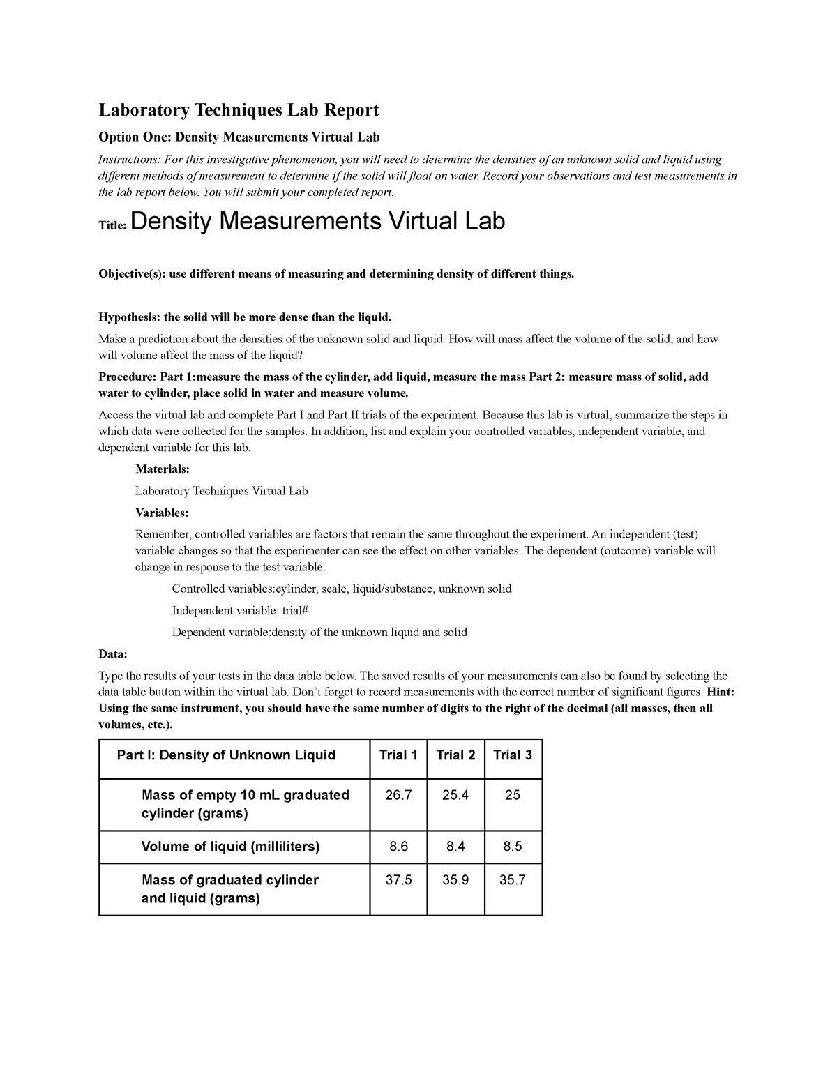 0107 Laboratory Techniques Laboratory Techniques Lab Report Option One Density Measurements 8795