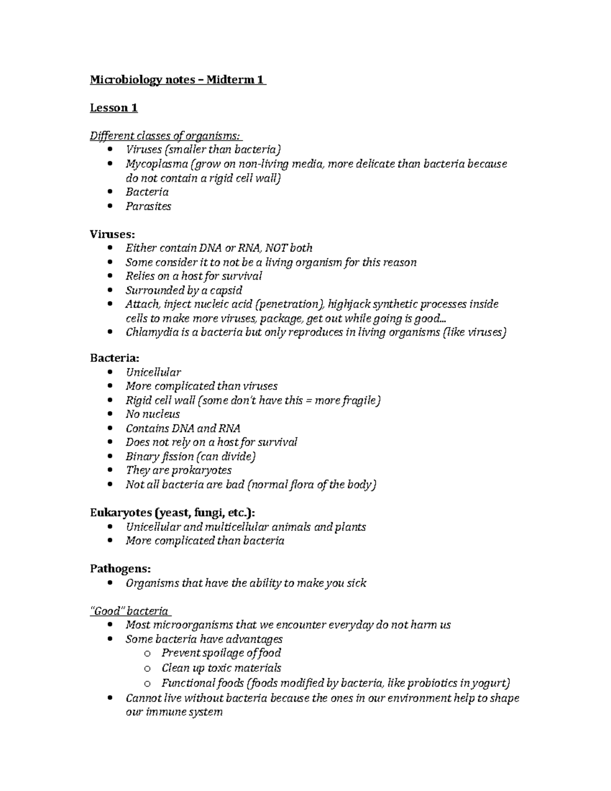 Hss1100 Lecture Notes Midterm 1 Microbiology Notes Midterm 1 Lesson 1 Different Classes Of