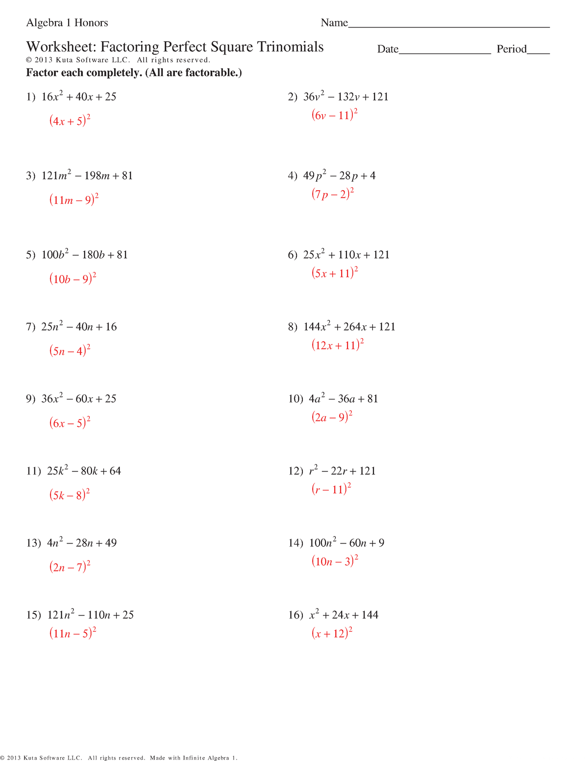 Solutions - Factoring Perfect Square Trinomials - © 9 u 29061 A 3 G ...