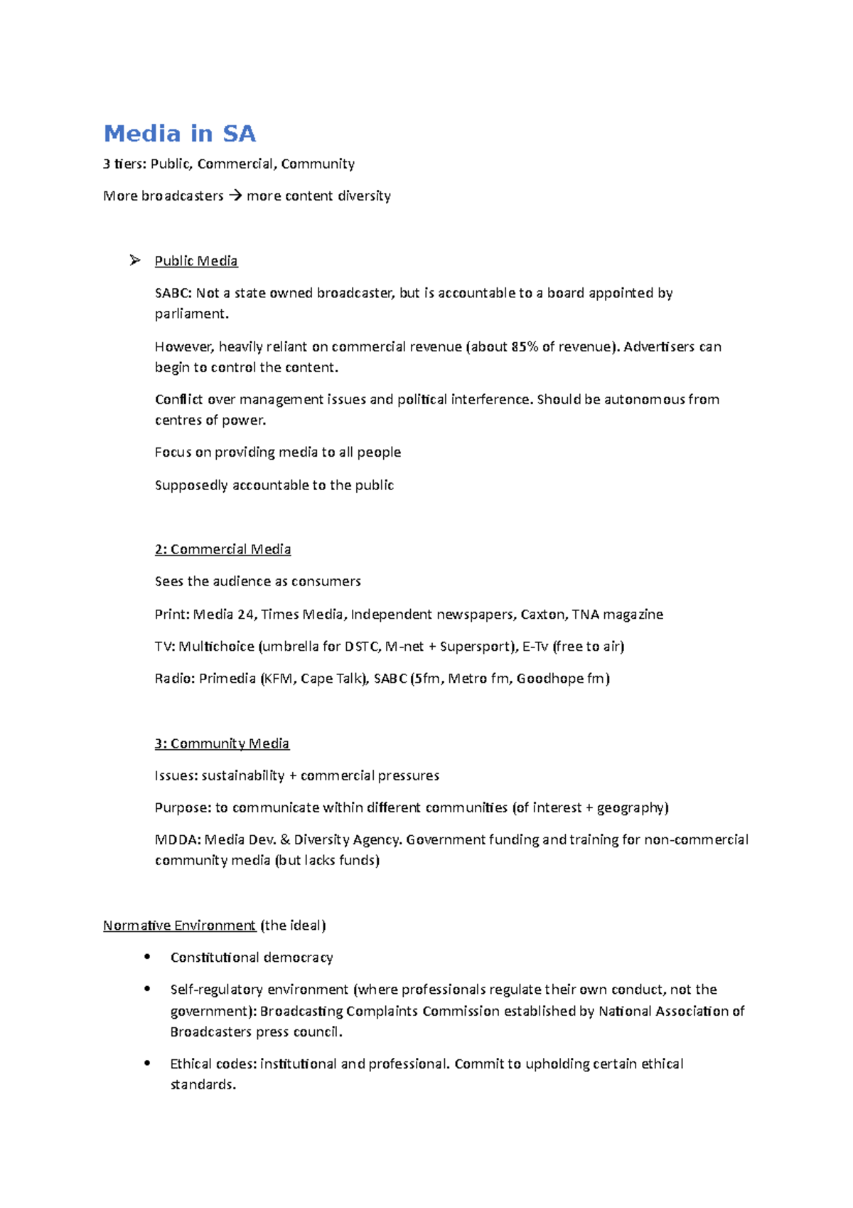 Media in South Africa Media in SA 3 tiers Public, Commercial