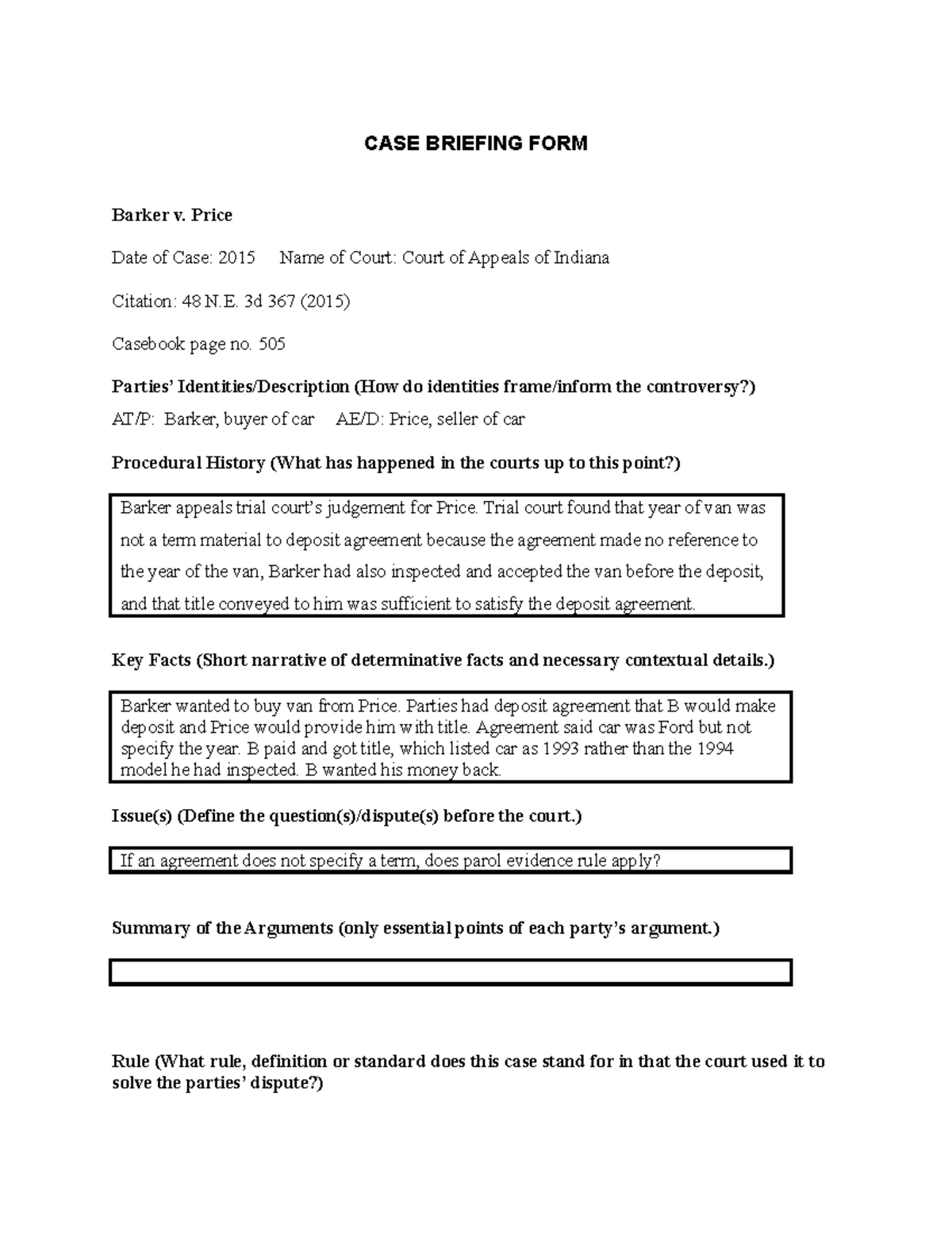 Barker v. Price Case brief. CASE BRIEFING FORM Barker v. Price