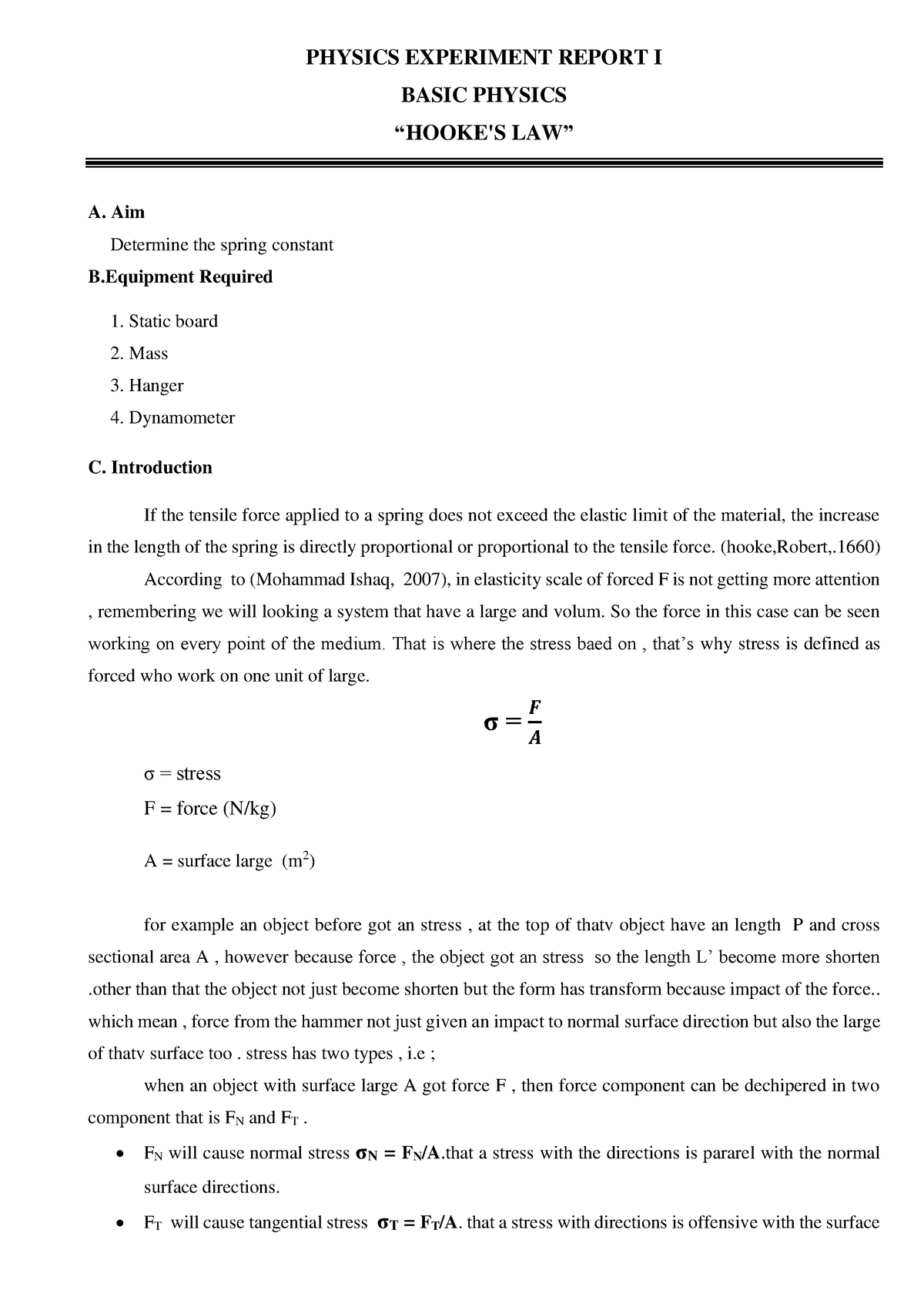 Fisika Dasar Hooke'S LAW - PHYSICS EXPERIMENT REPORT I BASIC PHYSICS ...