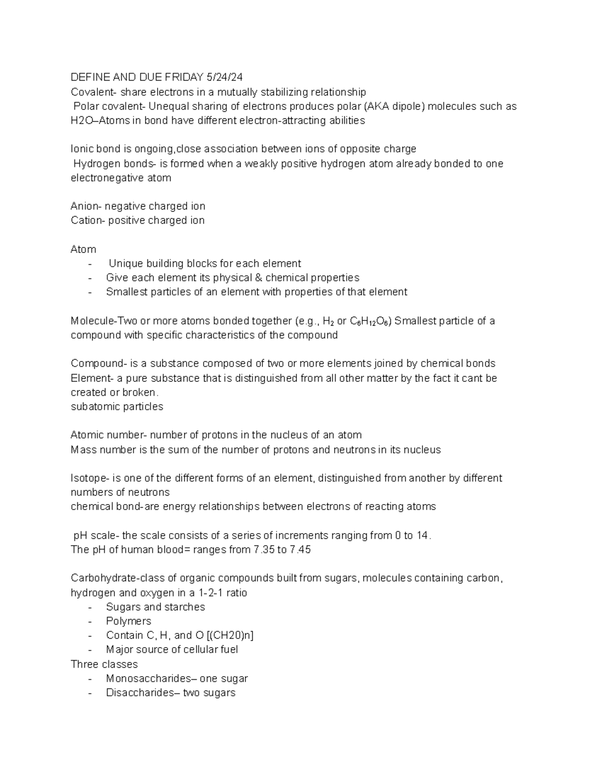 Anatomy Study Guide CH2 - DEFINE AND DUE FRIDAY 5/24/ Covalent- share ...