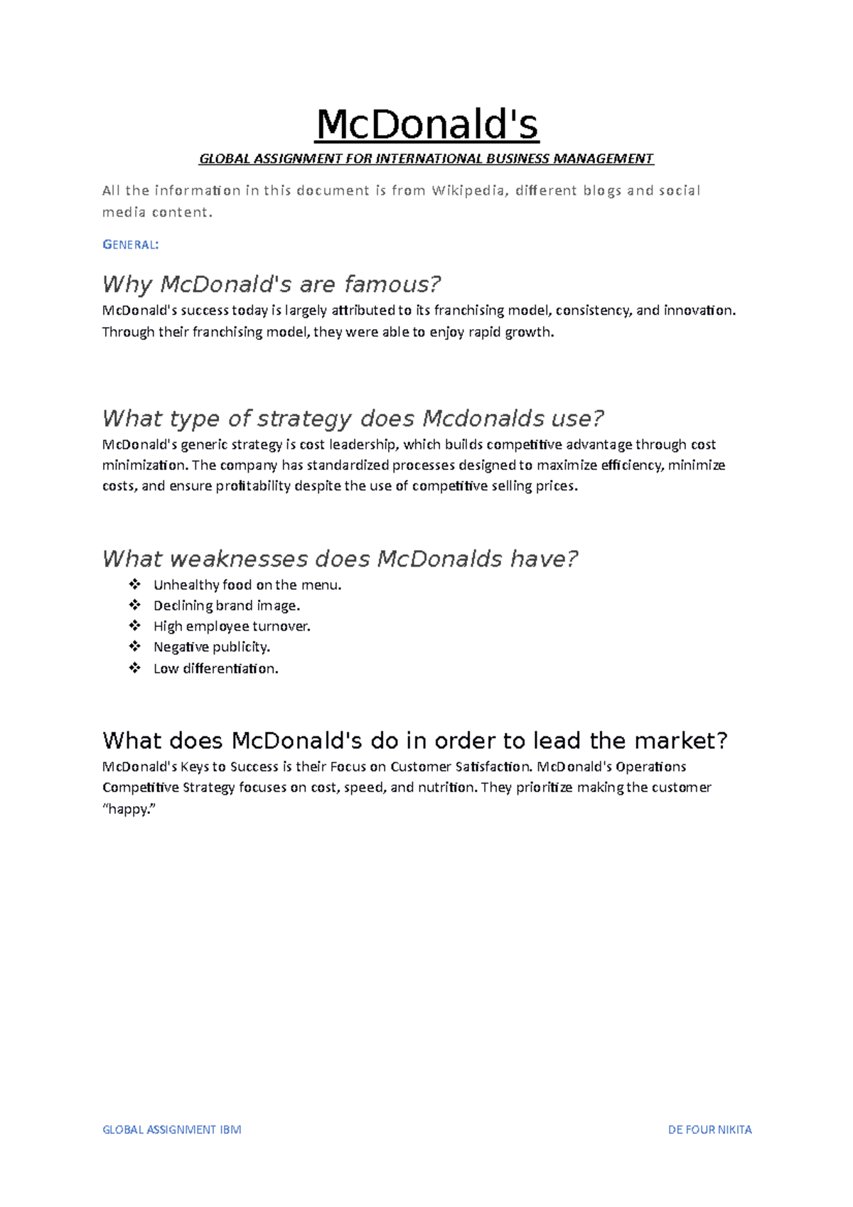 Mc Donald Global International Assigment McDonald s GLOBAL ASSIGNMENT