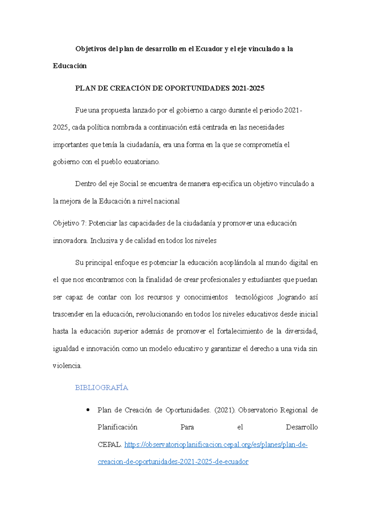 Objetivos del plan de desarrollo en el Ecuador y el eje vinculado a la ...