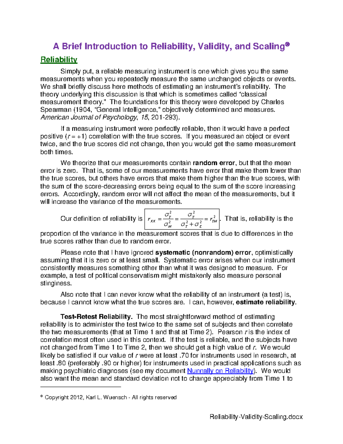 A Brief Introduction to Reliability, Validity, and Scaling - We shall ...