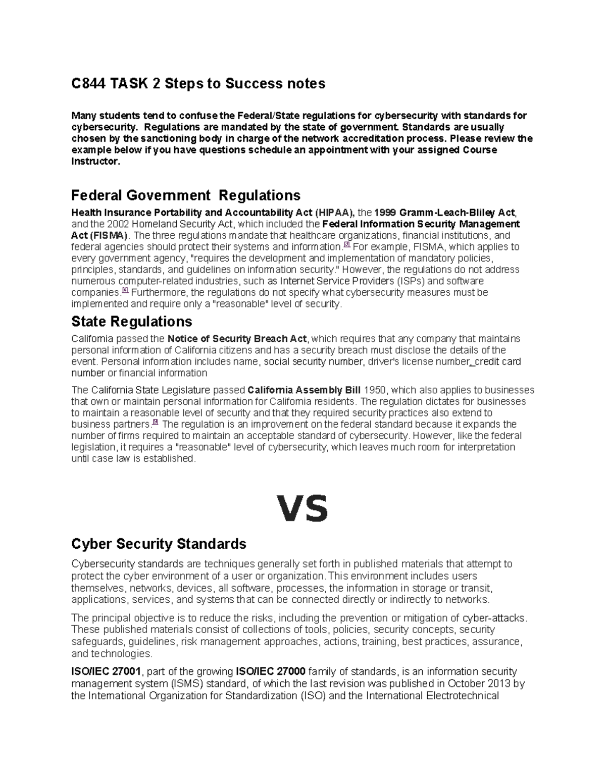 Regulations VS Standards - C844 TASK 2 Steps to Success notes Many ...