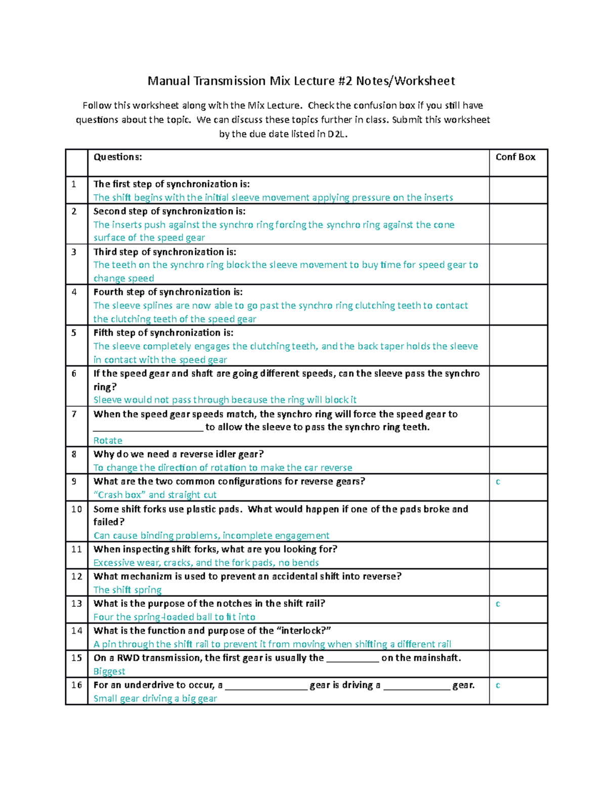 Manual Trans Mix Lecture Two Worksheet - Manual Transmission Mix ...