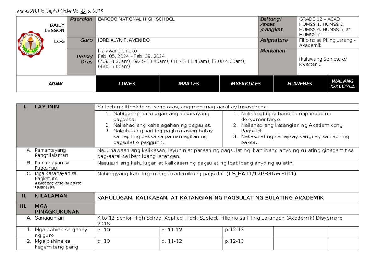 Dll Q1 Fpl Akad W1 Daily Lesson Log Paaralan Barobo National High School Baitang Antas 3363
