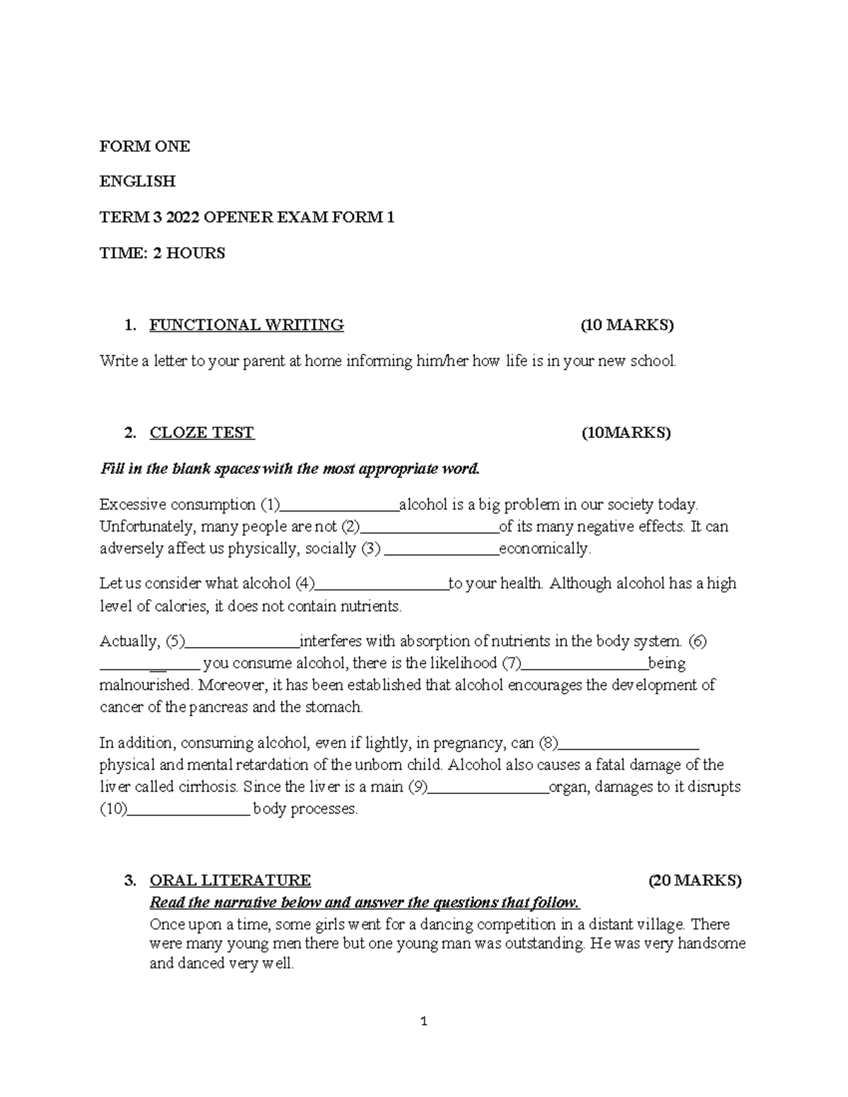 English revision opener exams - FORM ONE ENGLISH TERM 3 2022 OPENER ...