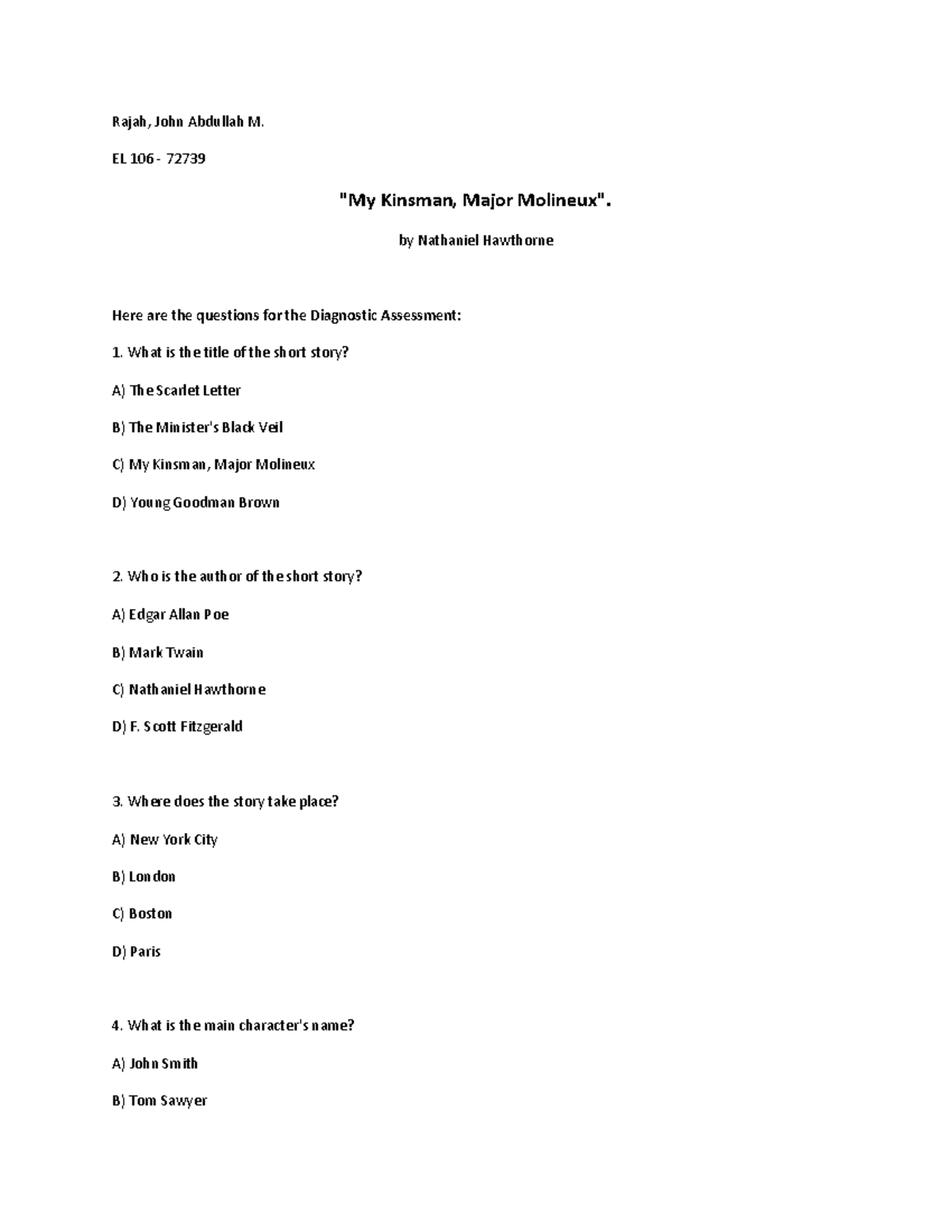 EL106 My Kinsman Questions - Rajah, John Abdullah M. EL 106 - 72739 