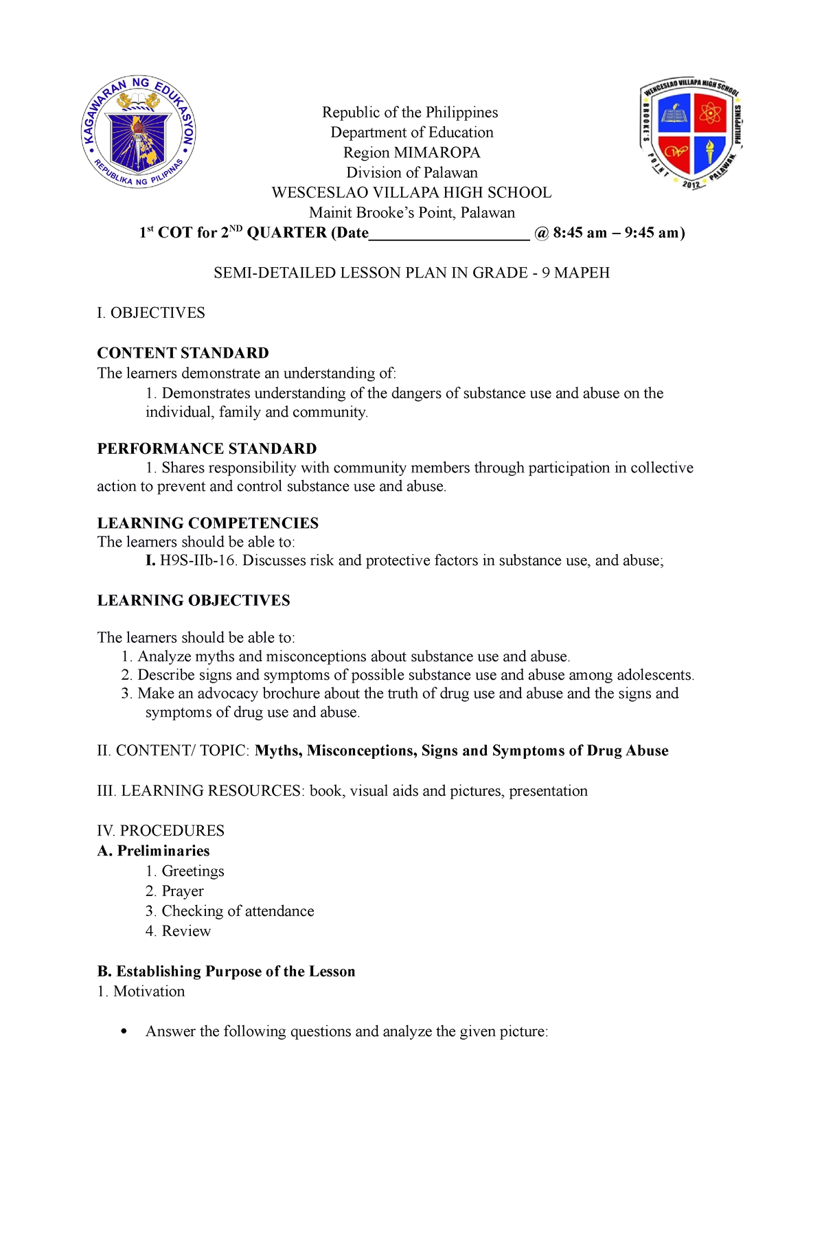 Lesson Plan Mapeh 2nd Quarter Republic Of The Philippines Department Of Education Region 8726