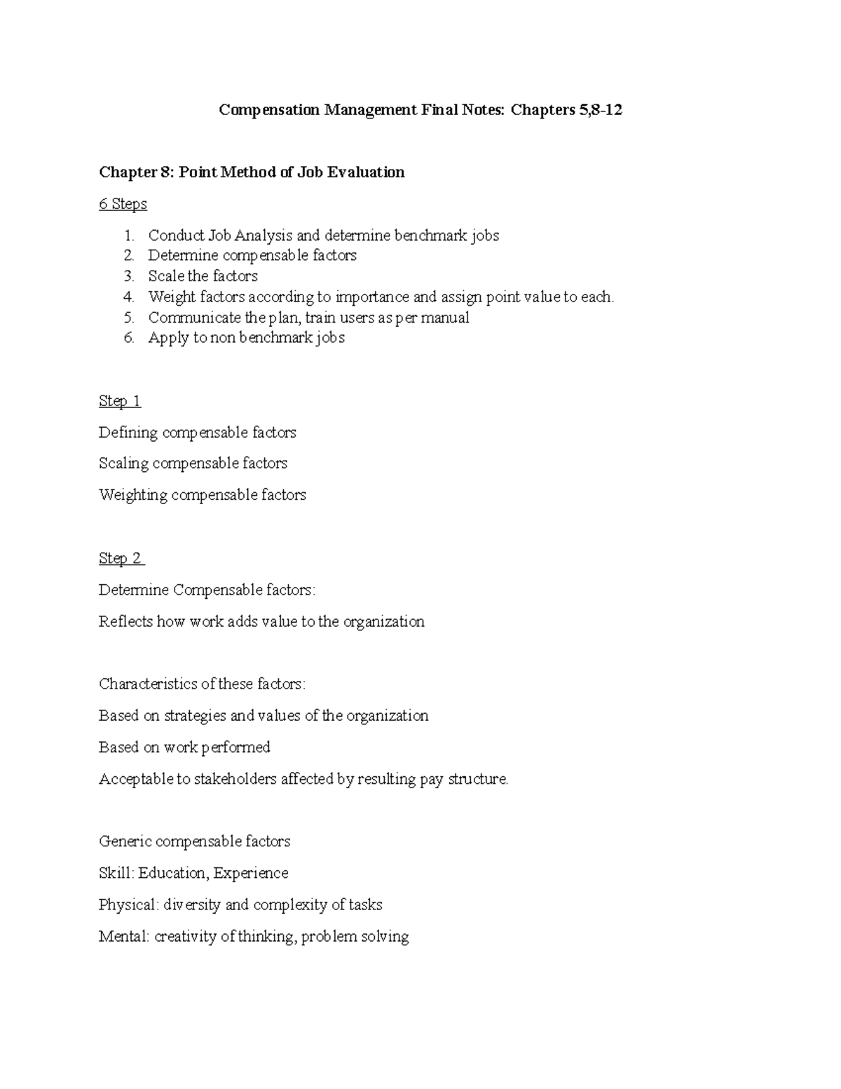 Compensation Management Final Notes - Conduct Job Analysis and ...