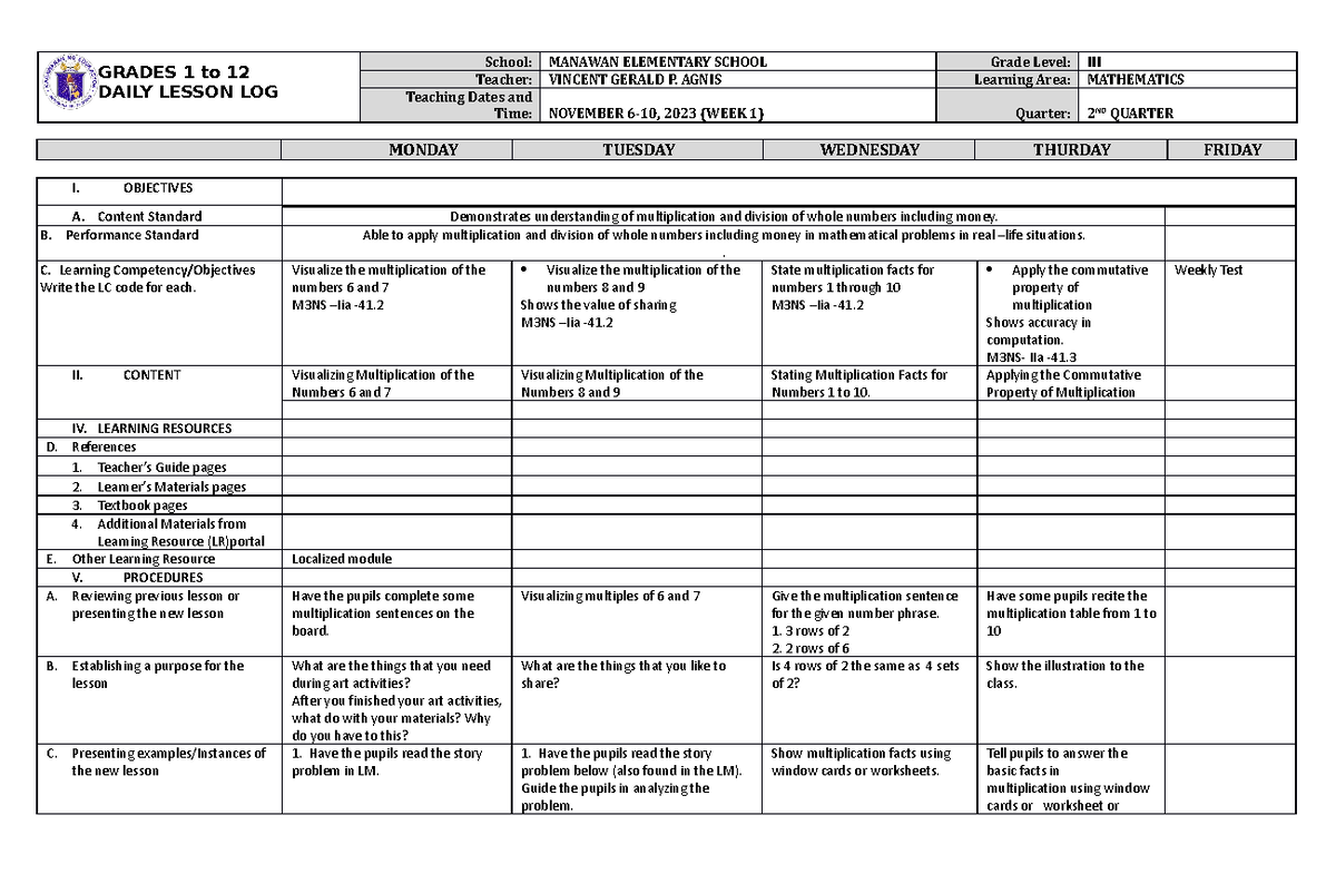 Dll Mathematics 3 Q2 W1 - None - Grades 1 To 12 Daily Lesson Log School 