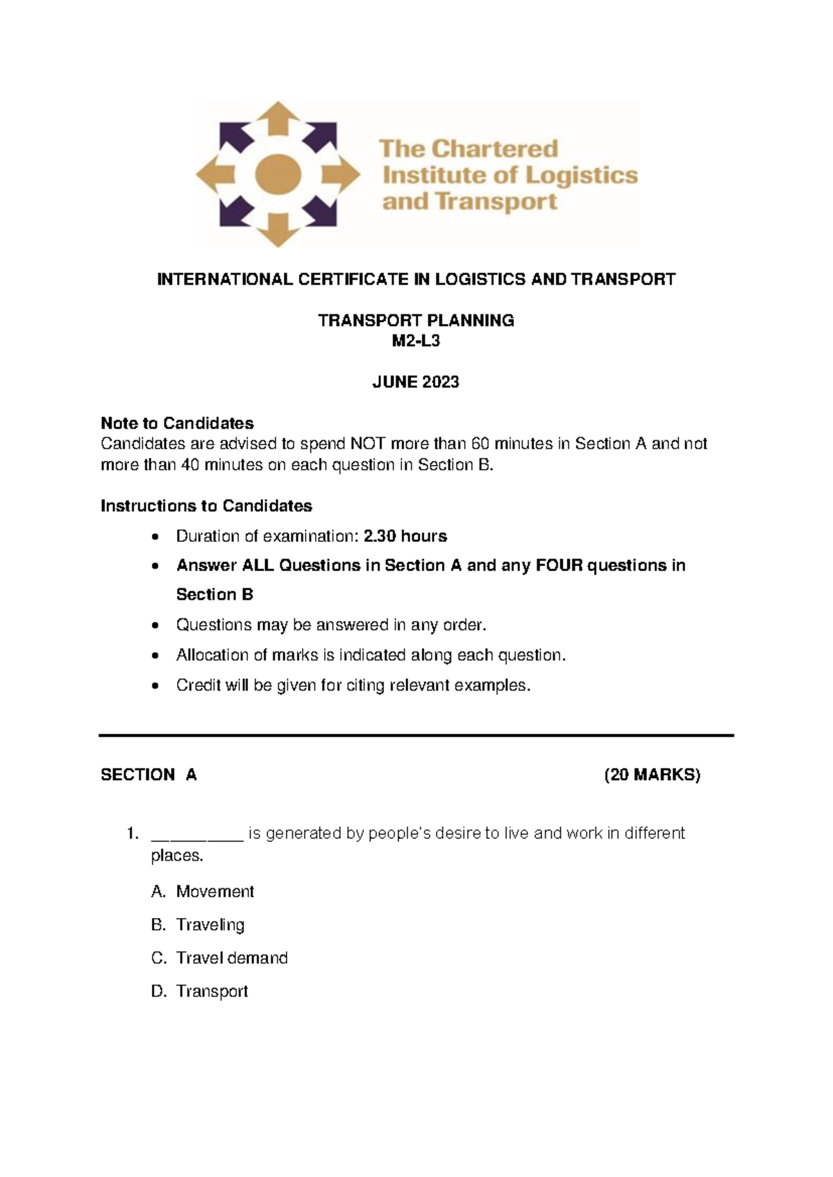 08-L3 Transport Planning - INTERNATIONAL CERTIFICATE IN LOGISTICS AND ...