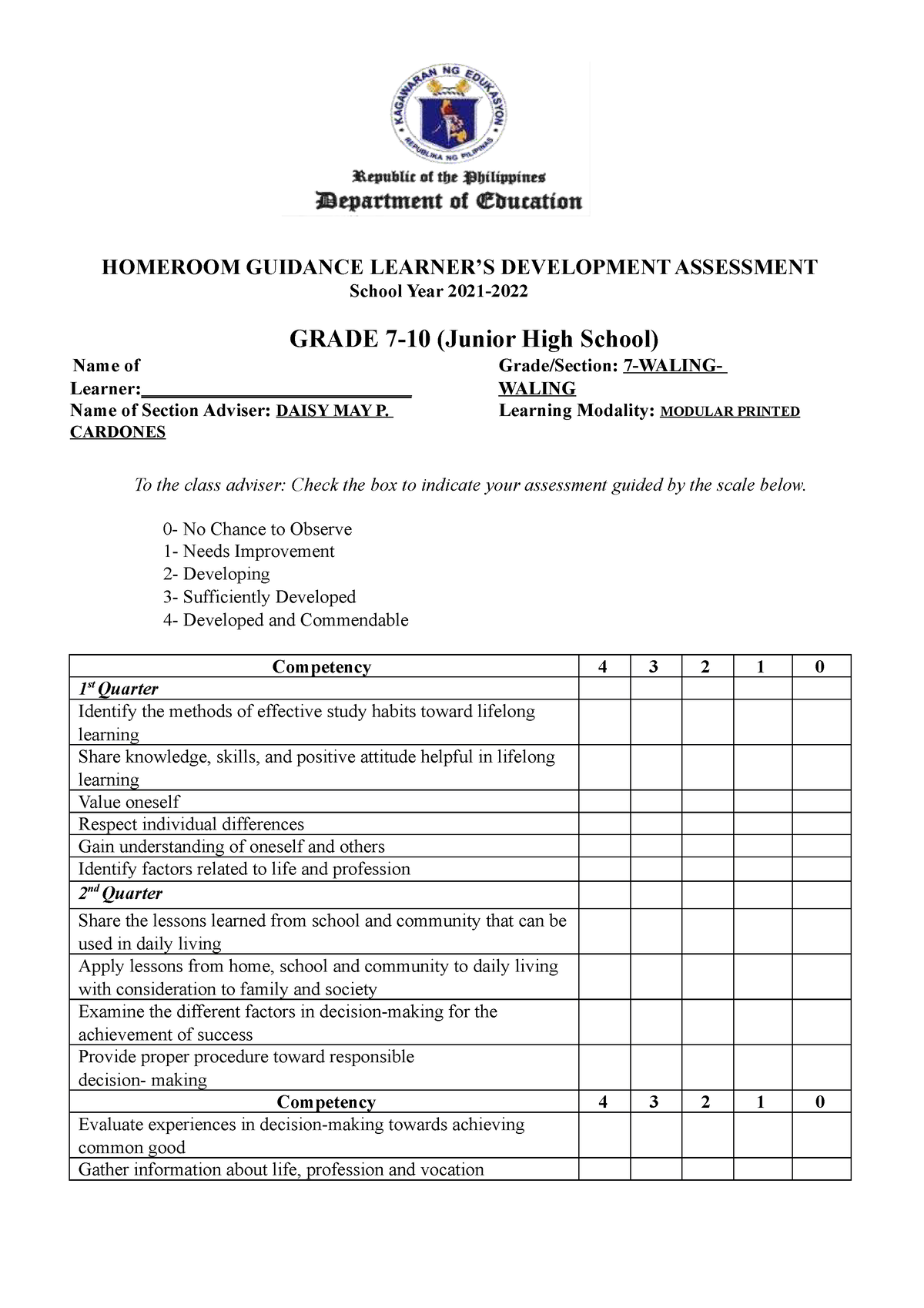 Homeroom Guidance Learner’S Development Assessment (Junior H IGH School ...