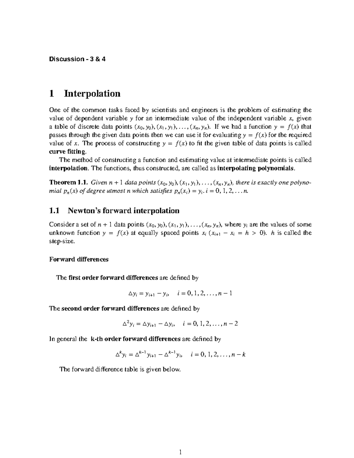 Interpolation - Brief lecture notes - Discussion - 3 & 4 1 ...