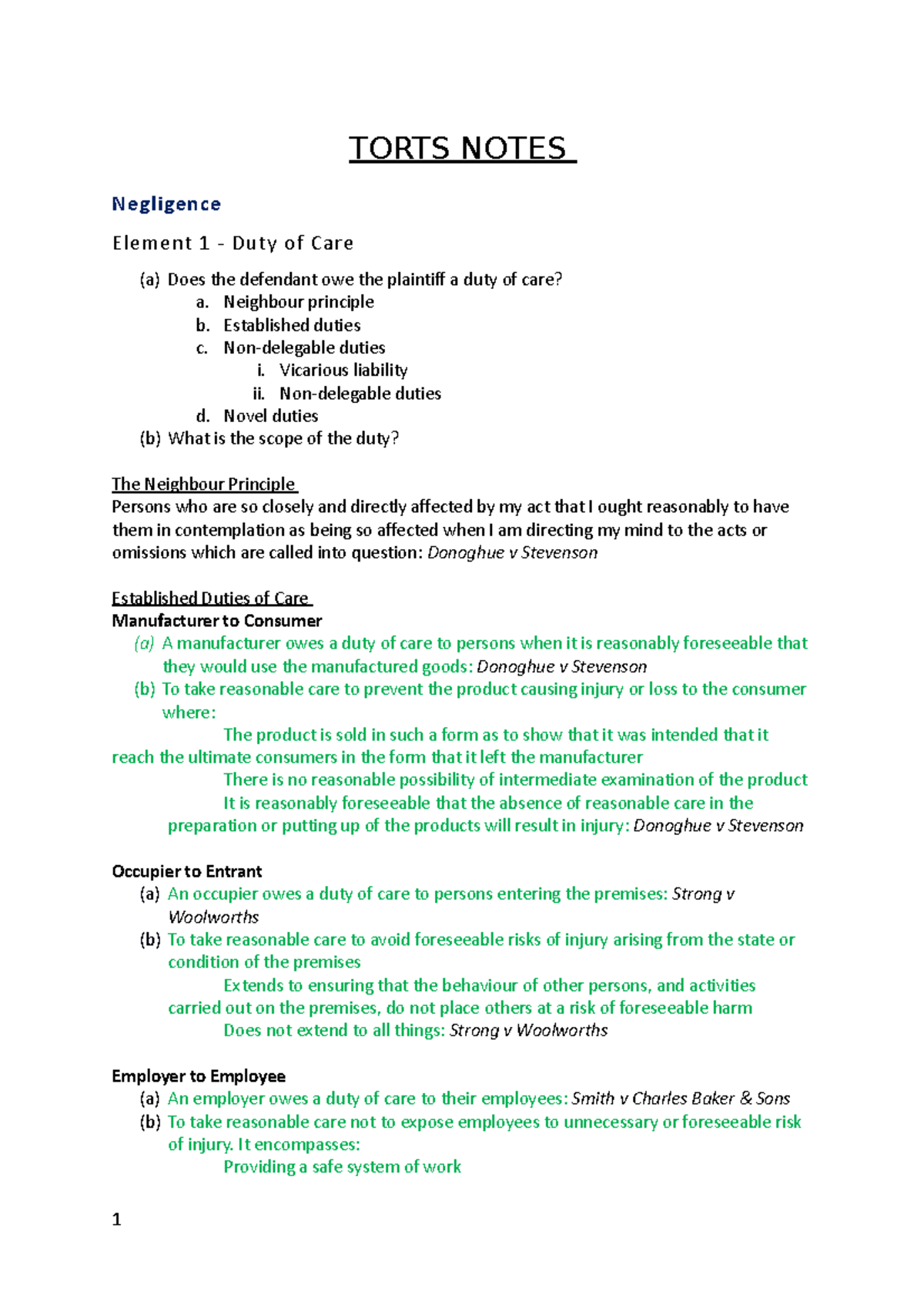 Torts EXAM Notes - Authorities, Rules And Theories. Can Copy And Paste ...