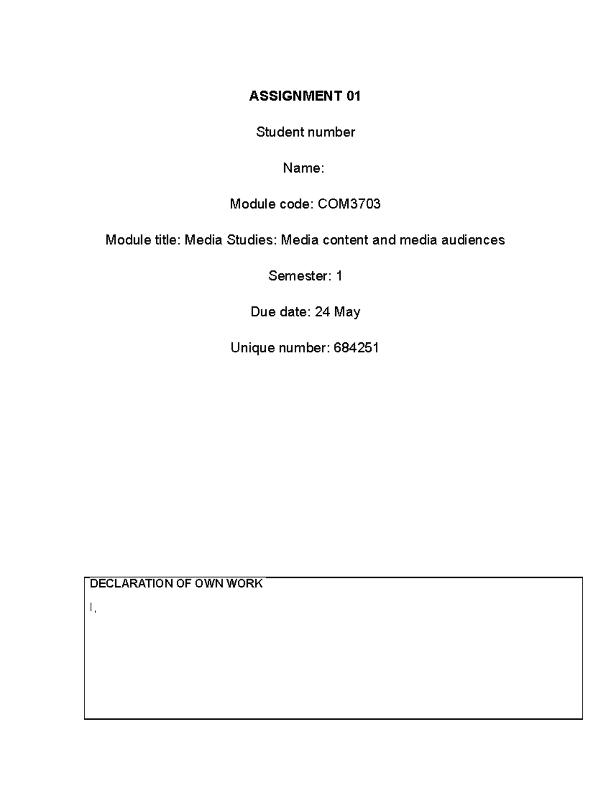 COM3703 Assignment 01 upload - ASSIGNMENT 01 Student number Name ...