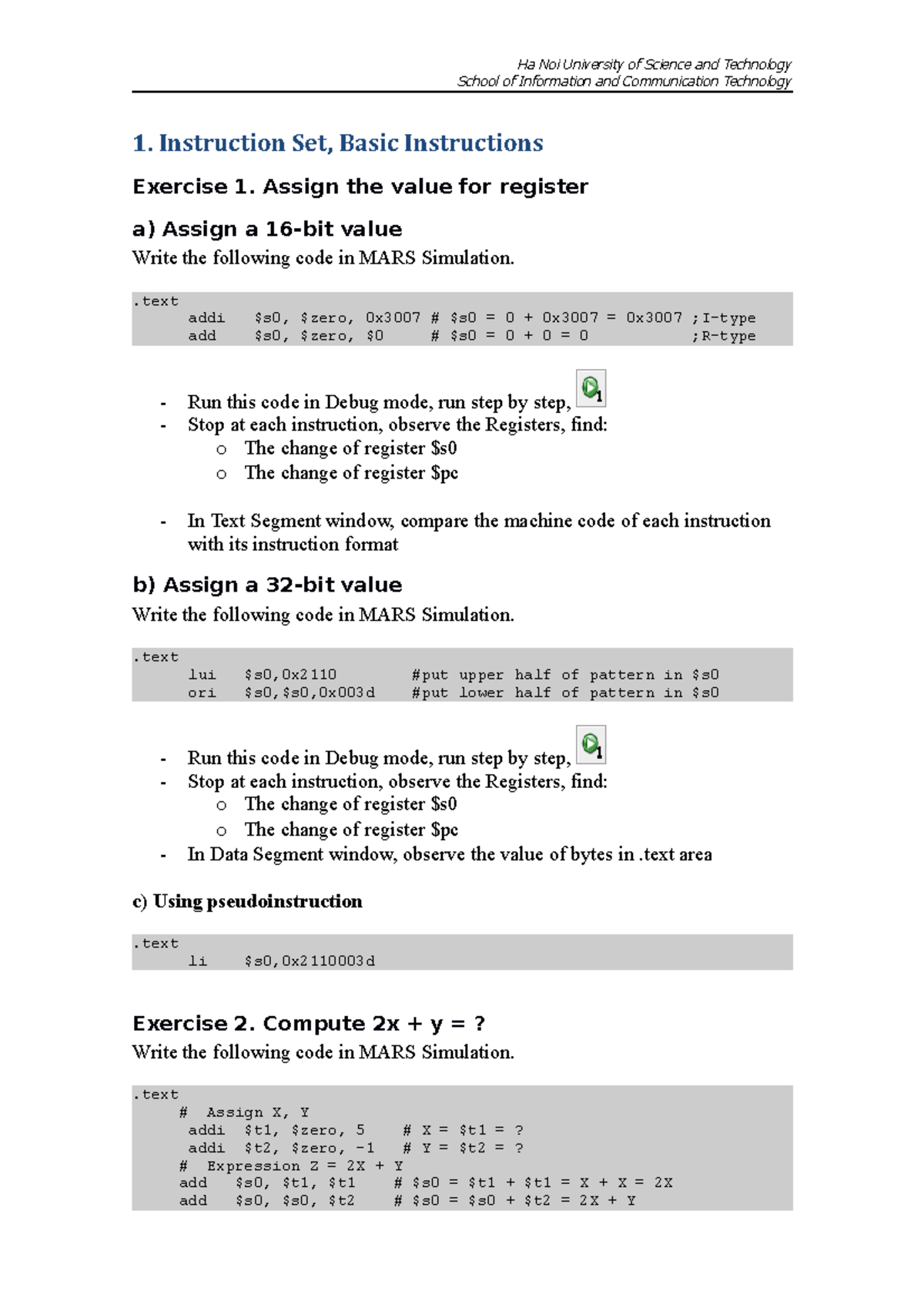 Exercise ISA - mars instruction - School of Information and ...