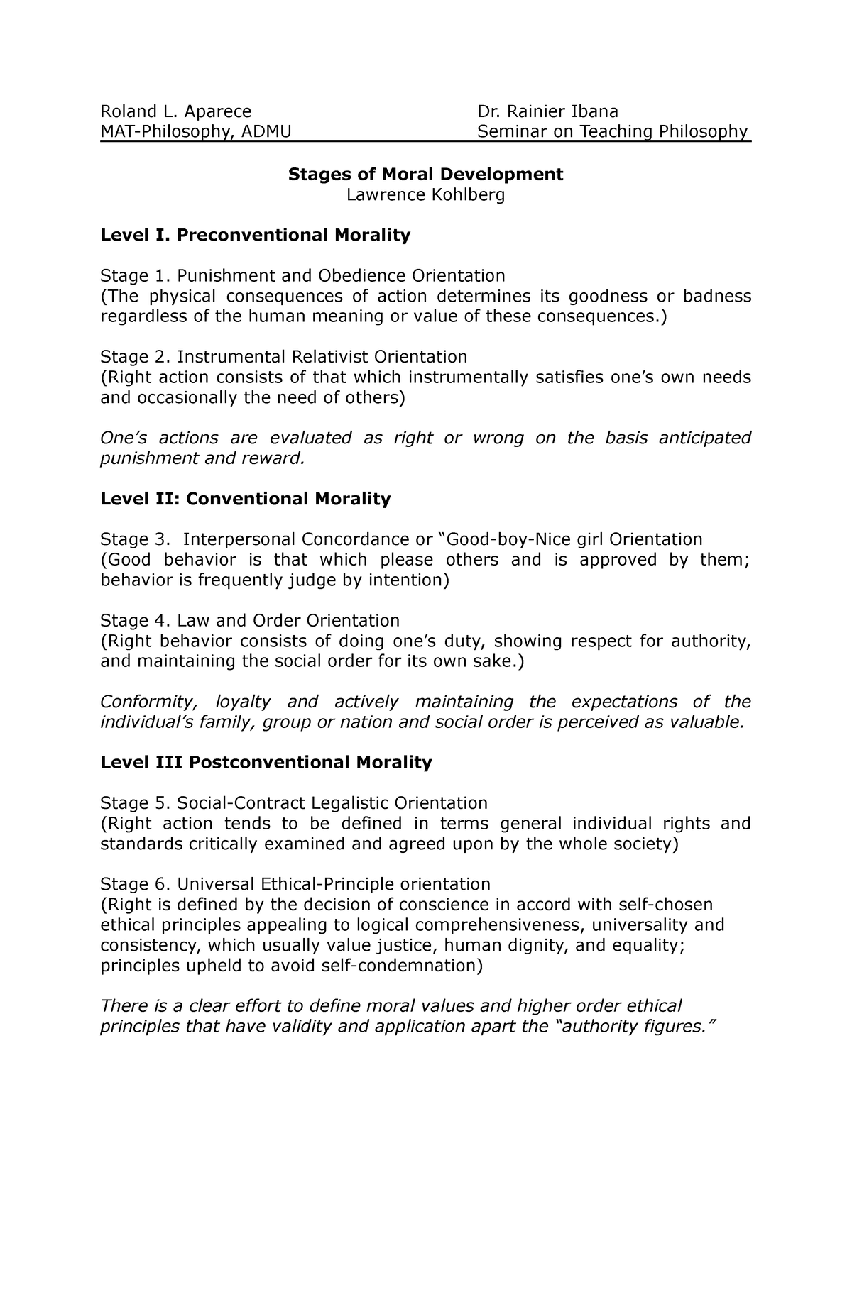 Stages of Moral Development - Roland L. Aparece Dr. Rainier Ibana MAT ...