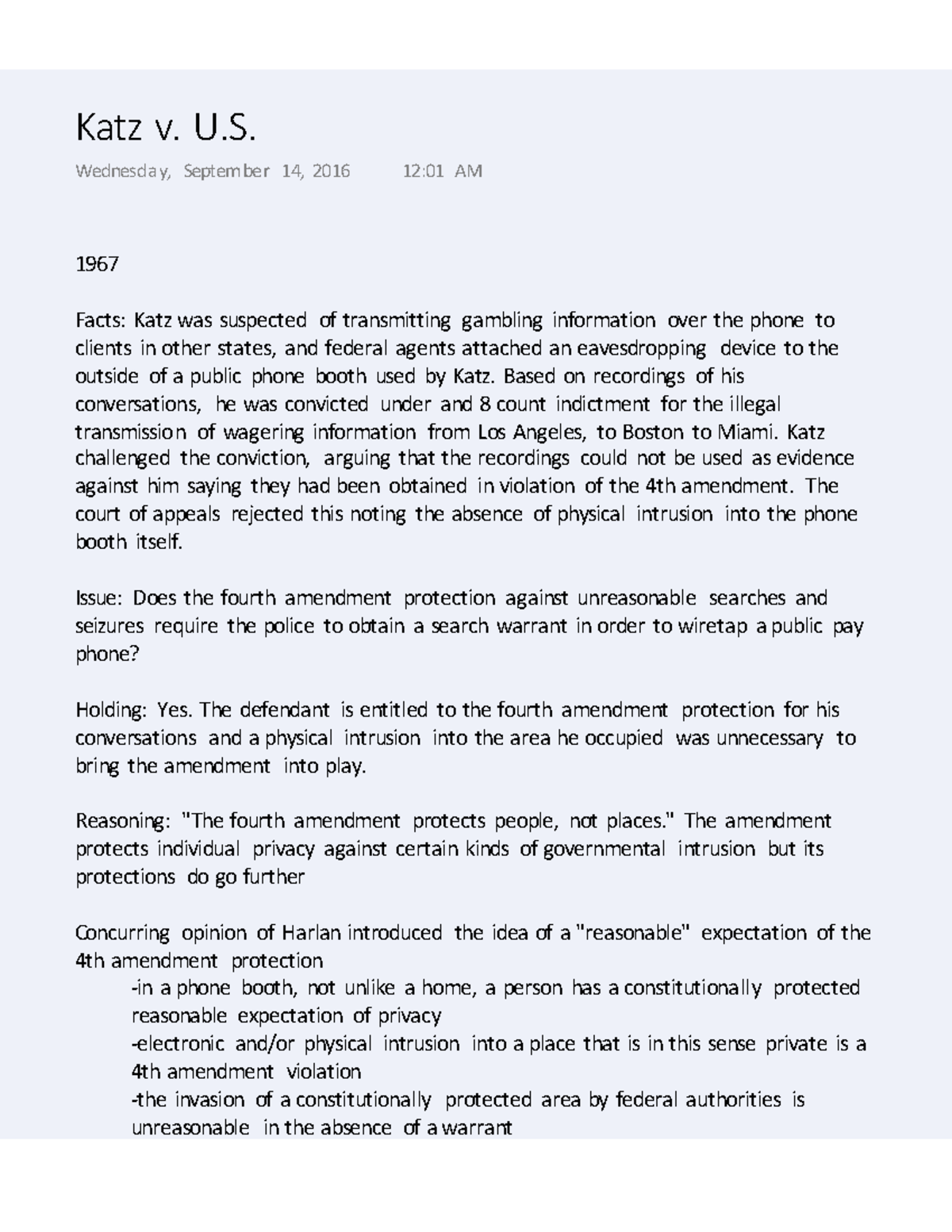 Katz v. U.S Summary Criminal Procedure Investigating Crime 1967