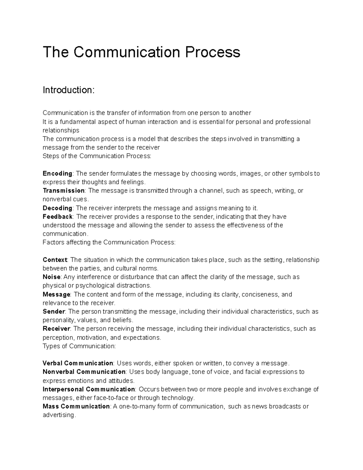 Communication Skills Lecture Notes 2 - The Communication Process - The ...