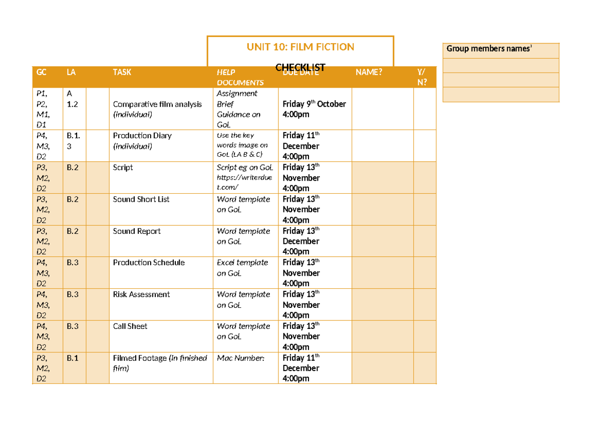 10 Film Fiction Checklist - GC LA TASK HELP DOCUMENTS DUE DATE NAME? Y ...