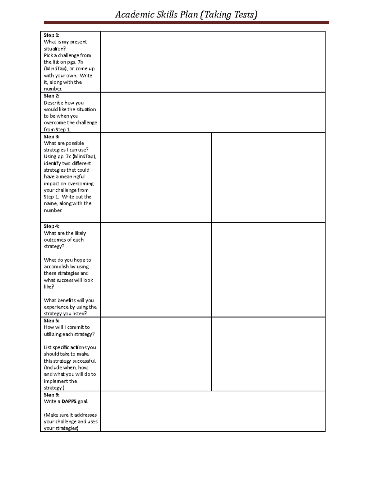 Academic Skills Plan Taking Tests - 7b (MindTap), or come up with your ...