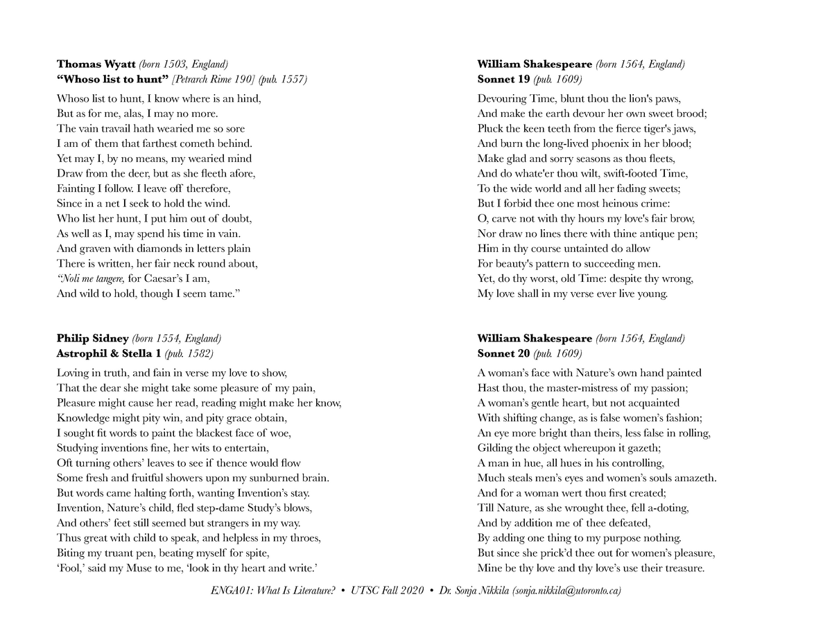 ENGA01 Sonnets - notes - Thomas Wyatt (born 1503, England) “Whoso list ...