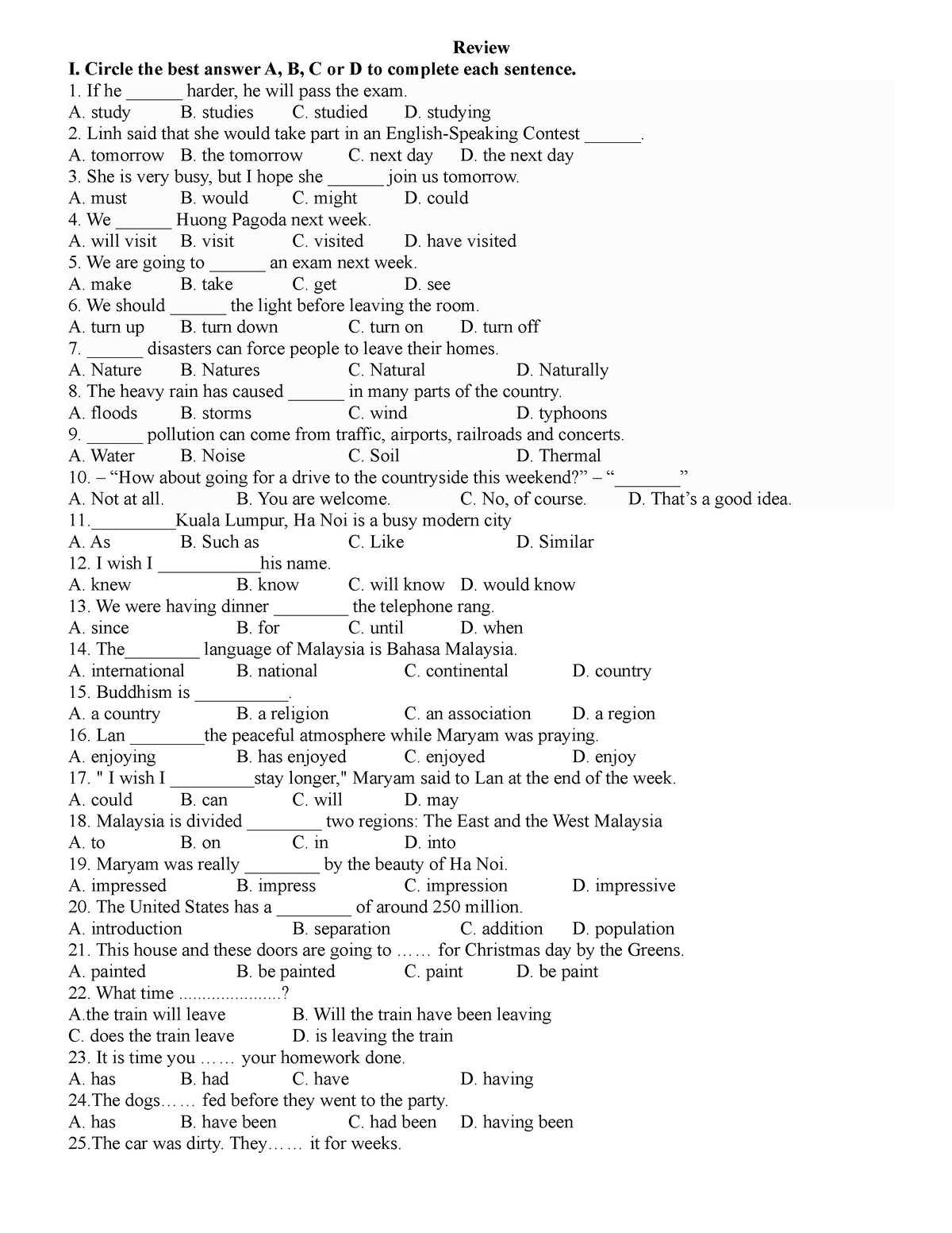 Review CLĐN - aaaa - Review I. Circle the best answer A, B, C or D to ...