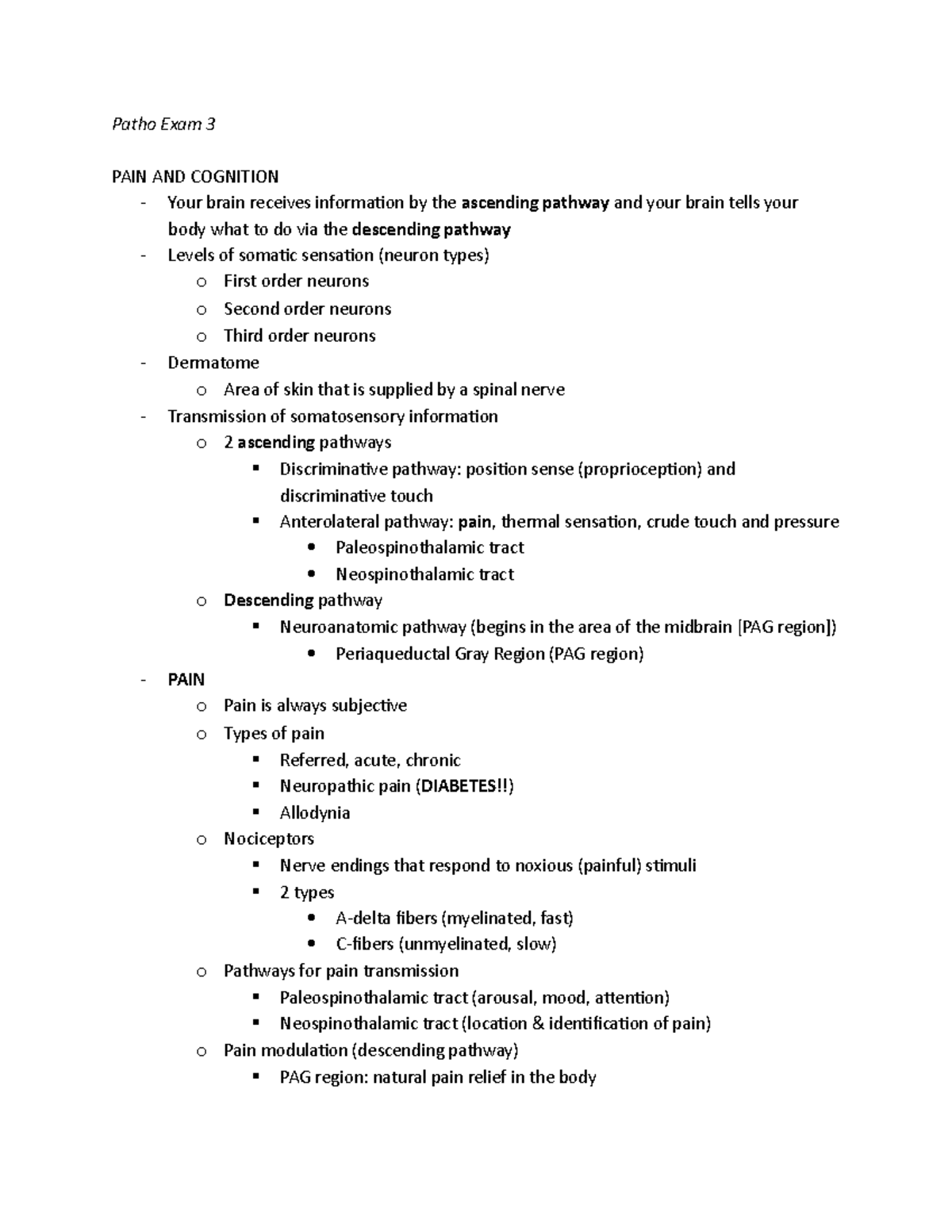 Patho Exam 3 - Study guide - Patho Exam 3 PAIN AND COGNITION - Your ...